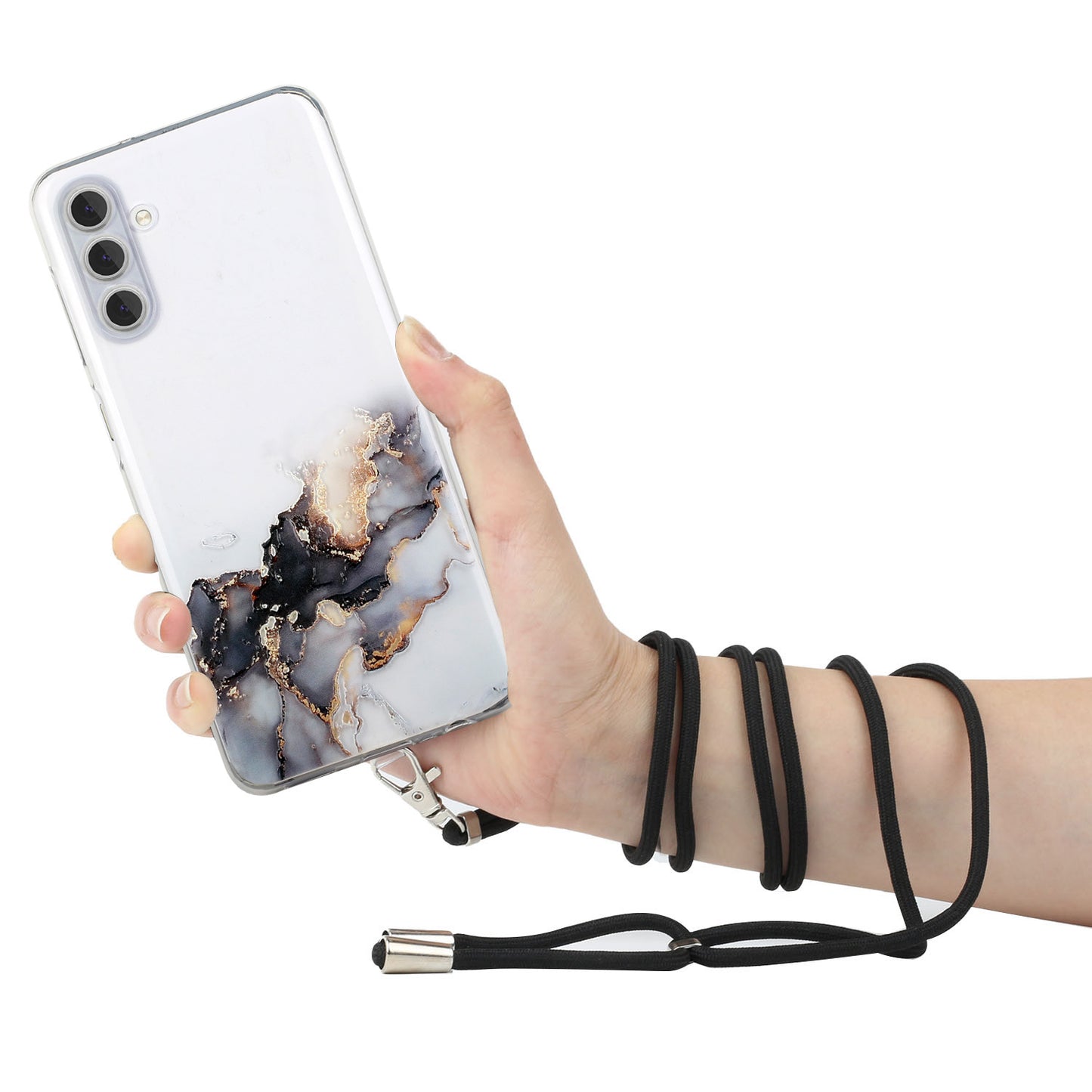 For Samsung Galaxy S24+ Case Marble Pattern Embossing Smartphone Cover with Lanyard - Black