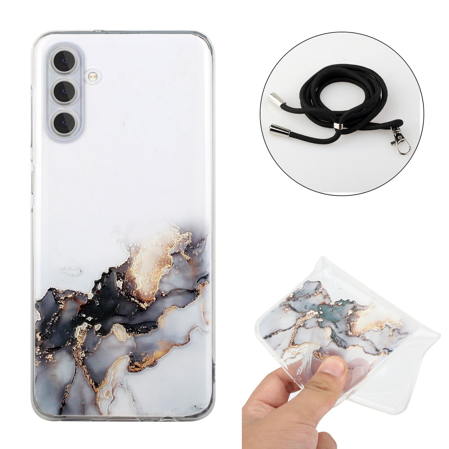 For Samsung Galaxy S24 Case Marble Pattern Embossing TPU Back Cover with Lanyard - Black