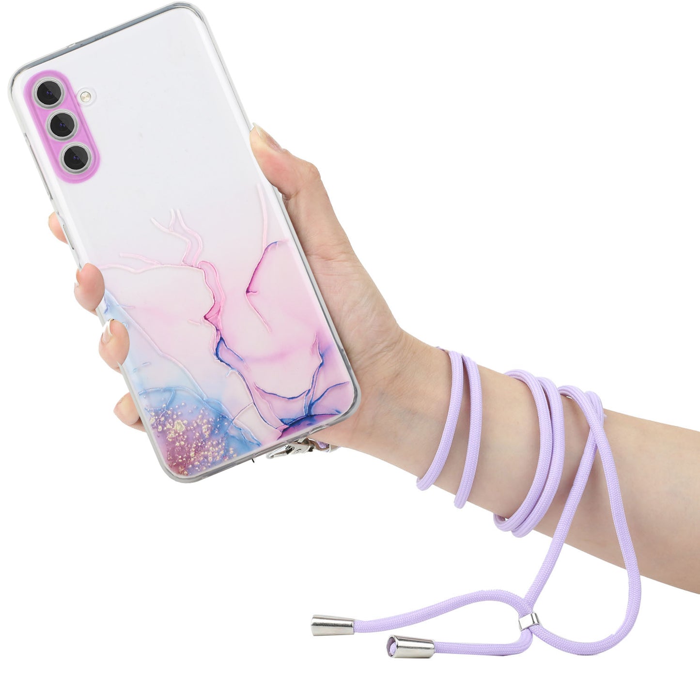 For Samsung Galaxy S24 Case Marble Pattern Embossing TPU Back Cover with Lanyard - Pink