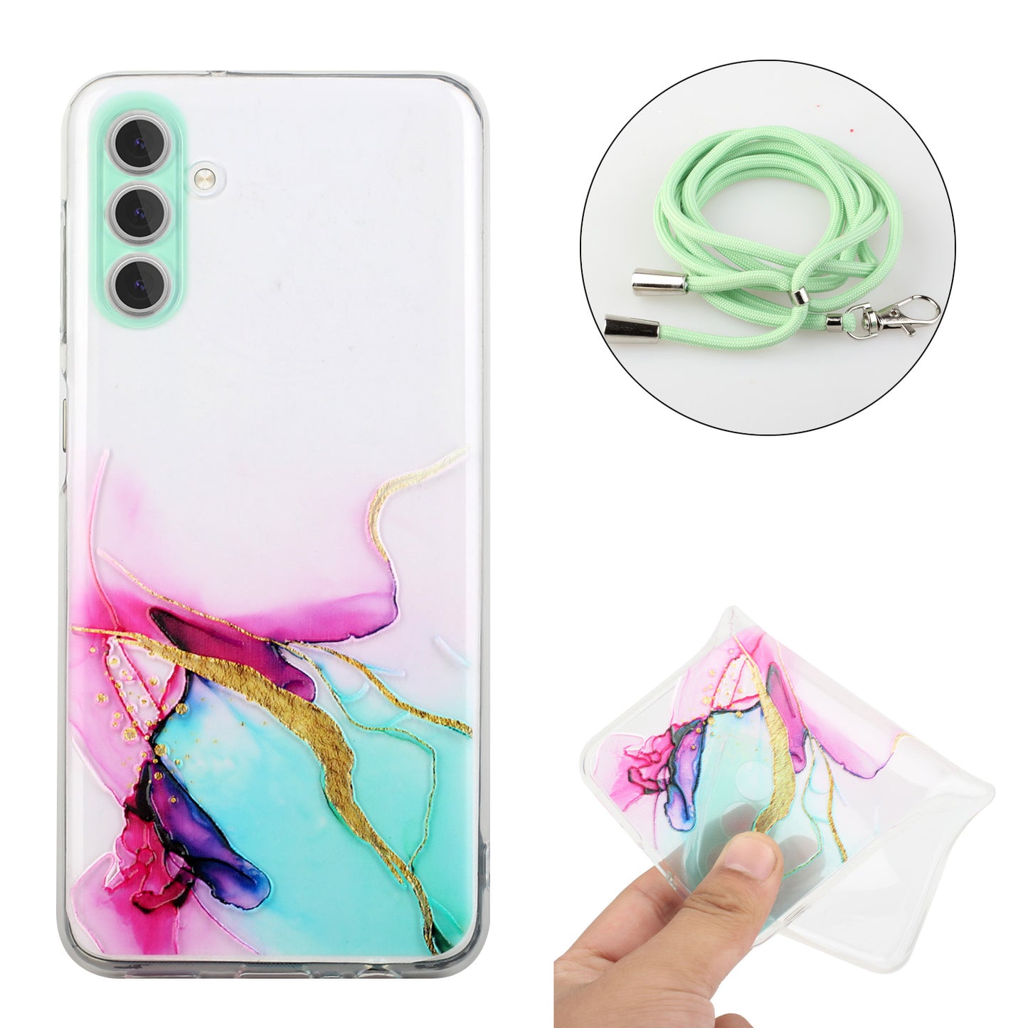 For Samsung Galaxy S24 Case Marble Pattern Embossing TPU Back Cover with Lanyard - Green