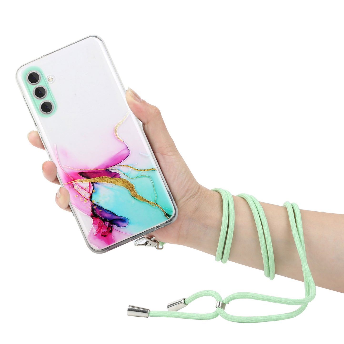For Samsung Galaxy S24 Case Marble Pattern Embossing TPU Back Cover with Lanyard - Green