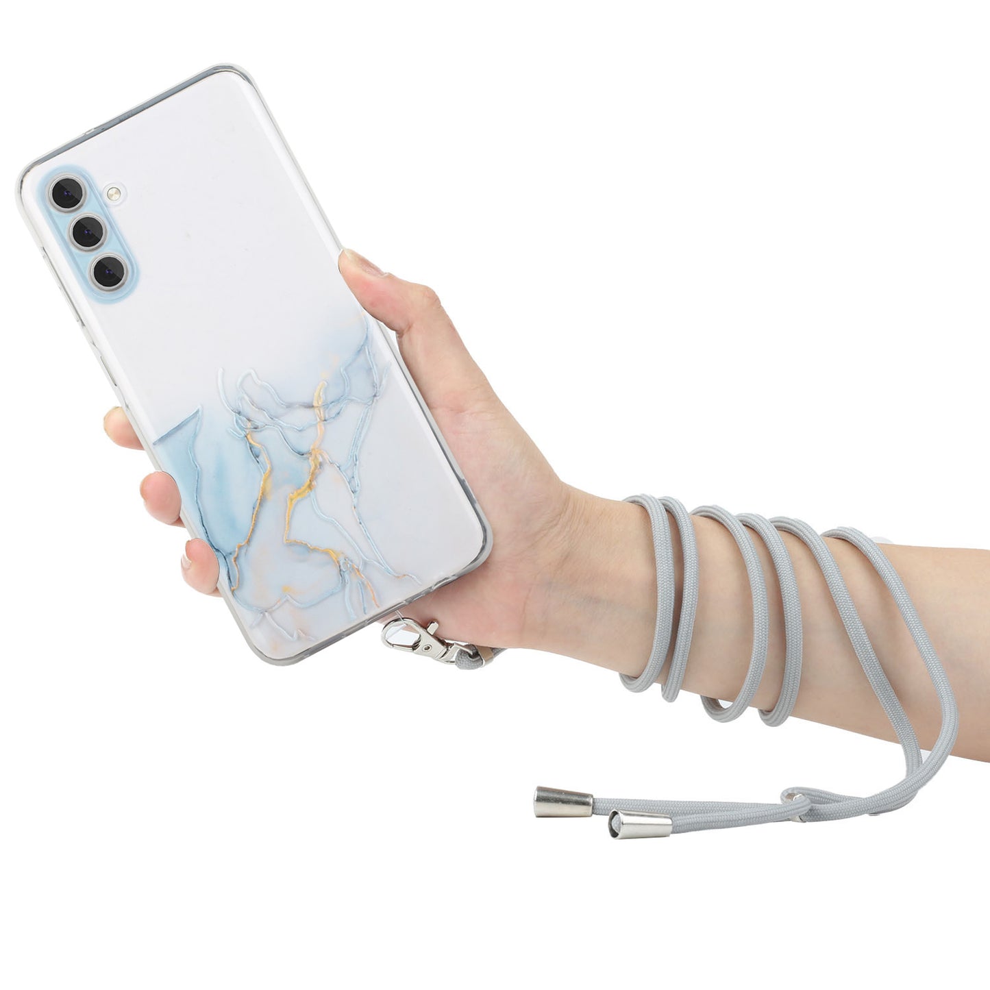For Samsung Galaxy S24 Case Marble Pattern Embossing TPU Back Cover with Lanyard - Grey