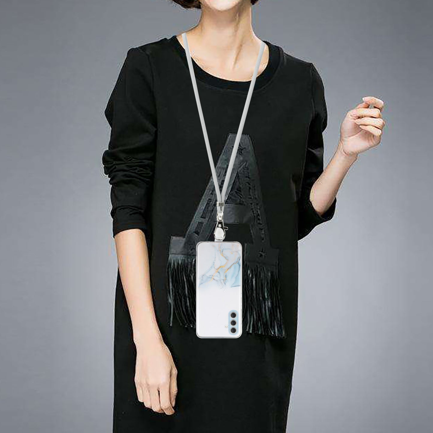 For Samsung Galaxy S24 Case Marble Pattern Embossing TPU Back Cover with Lanyard - Grey