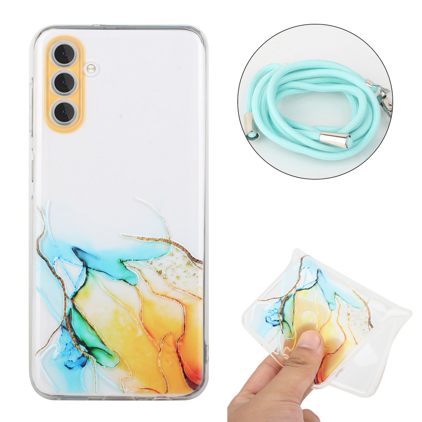 For Samsung Galaxy S24 Case Marble Pattern Embossing TPU Back Cover with Lanyard - Yellow