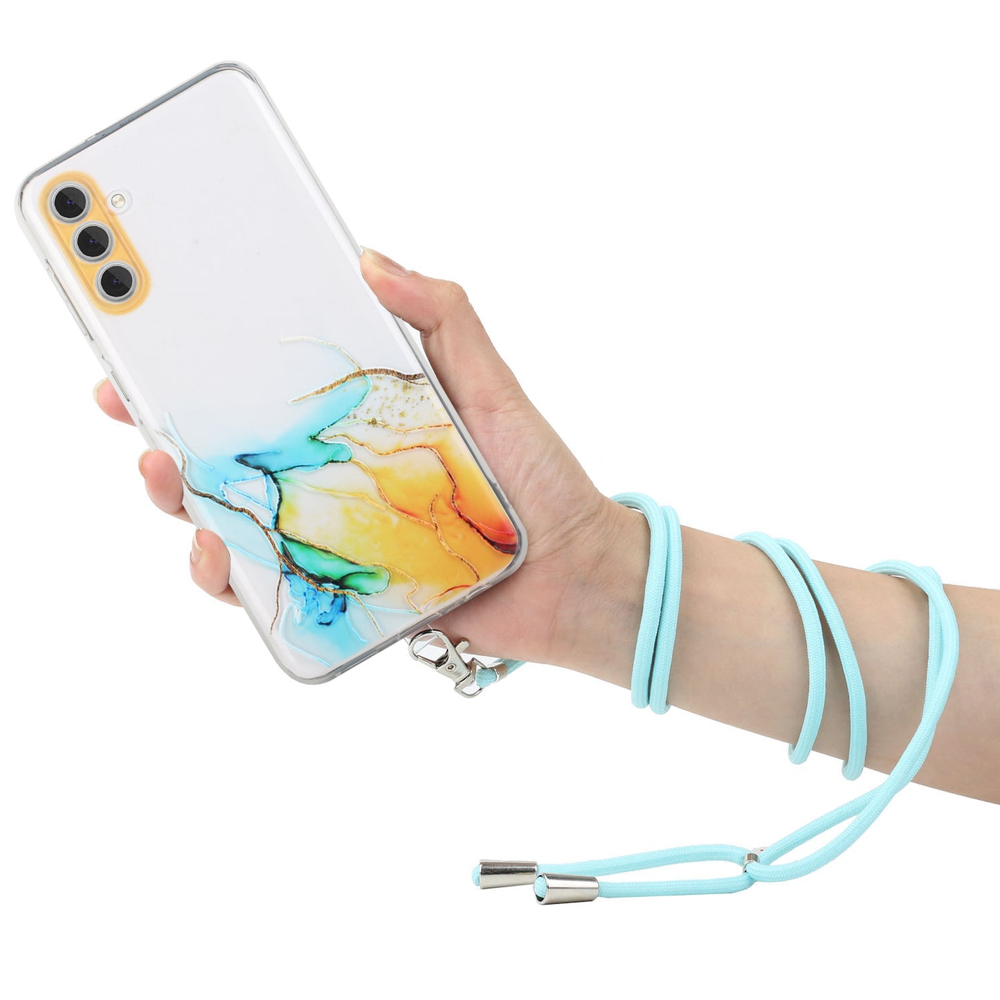 For Samsung Galaxy S24 Case Marble Pattern Embossing TPU Back Cover with Lanyard - Yellow