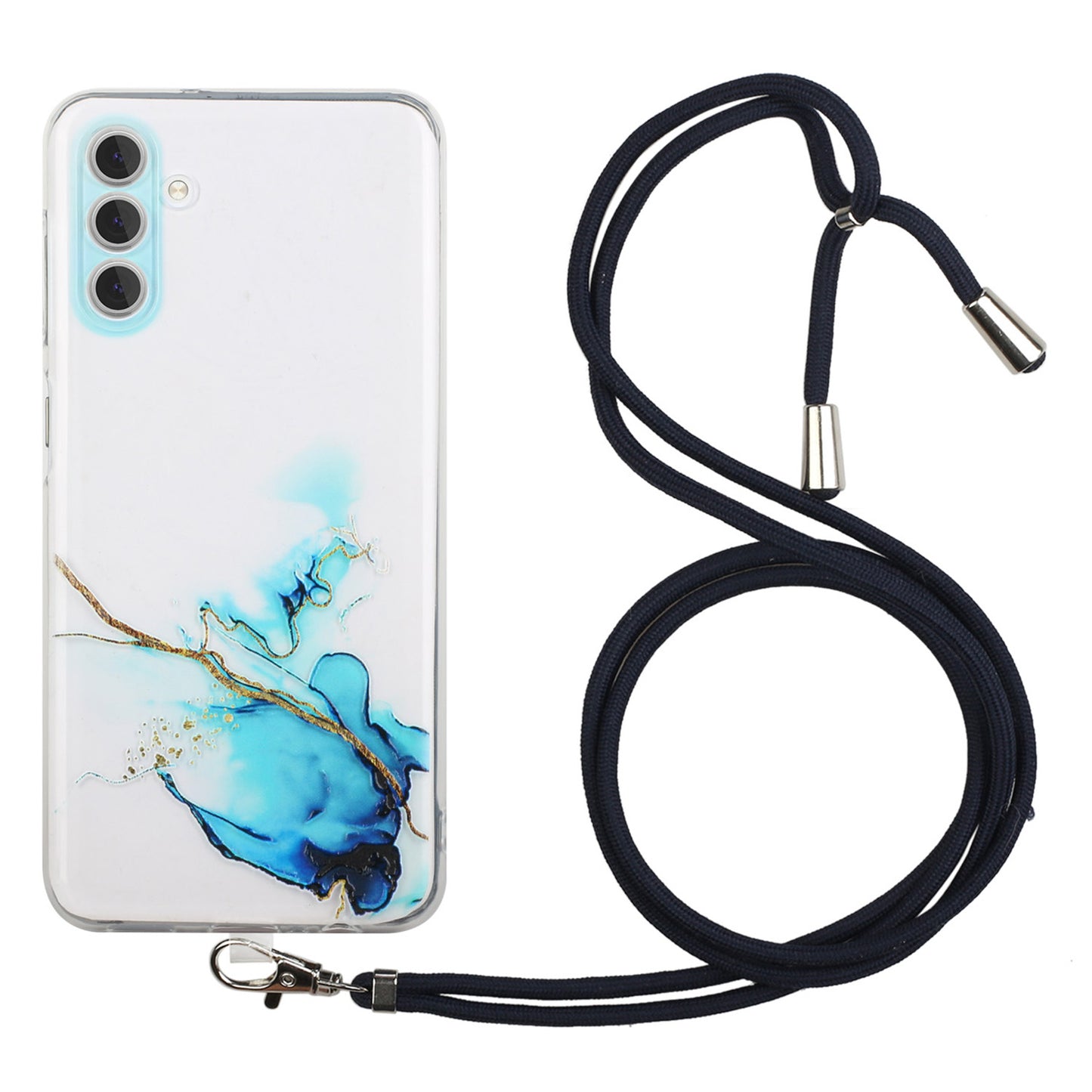 For Samsung Galaxy S24 Case Marble Pattern Embossing TPU Back Cover with Lanyard - Blue