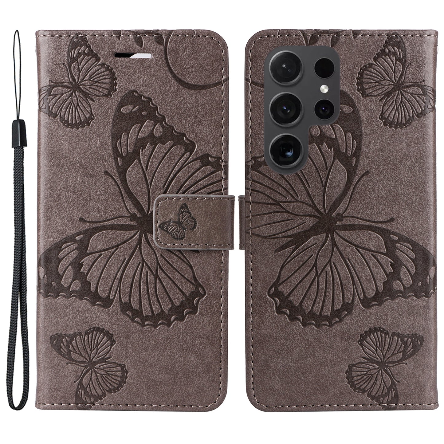 KT Imprinting Flower Series-2 For Samsung Galaxy S24 Ultra Case Butterfly Imprint Leather Phone Cover - Grey