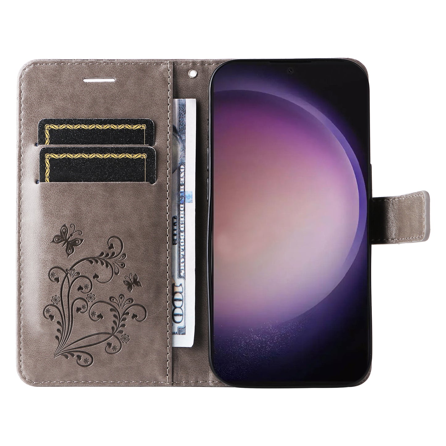 KT Imprinting Flower Series-2 For Samsung Galaxy S24 Ultra Case Butterfly Imprint Leather Phone Cover - Grey