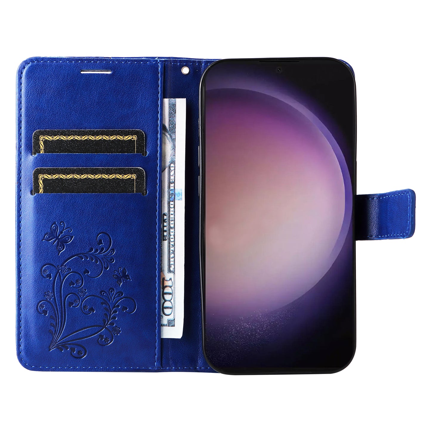 KT Imprinting Flower Series-2 For Samsung Galaxy S24 Ultra Case Butterfly Imprint Leather Phone Cover - Blue