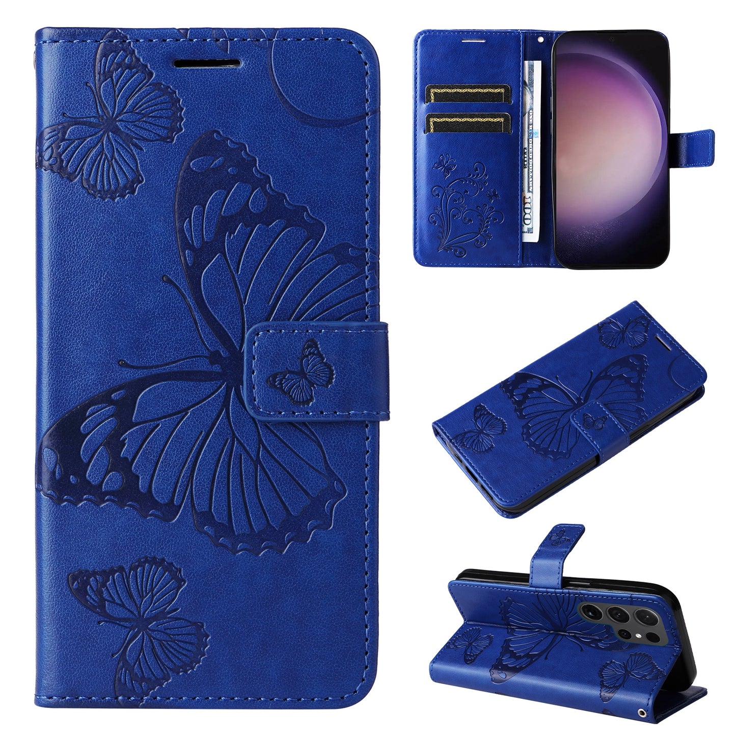 KT Imprinting Flower Series-2 For Samsung Galaxy S24 Ultra Case Butterfly Imprint Leather Phone Cover - Blue