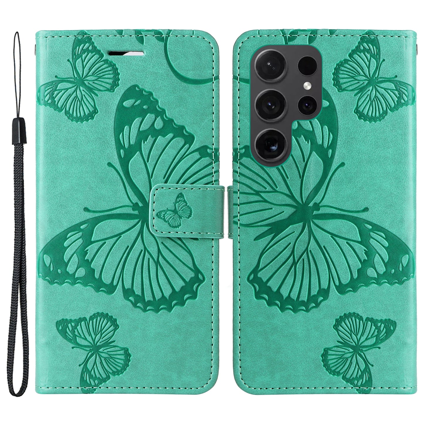 KT Imprinting Flower Series-2 For Samsung Galaxy S24 Ultra Case Butterfly Imprint Leather Phone Cover - Green