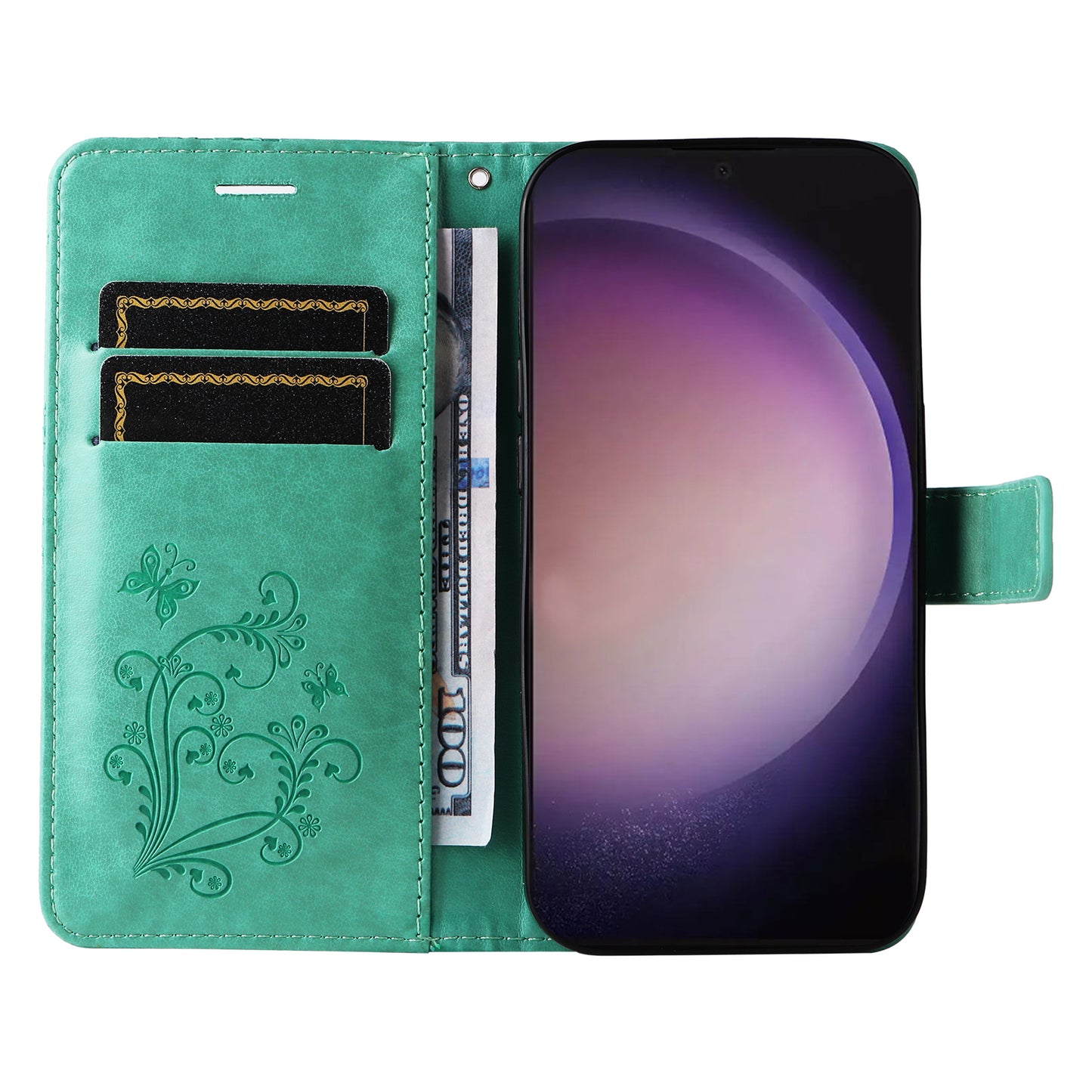 KT Imprinting Flower Series-2 For Samsung Galaxy S24 Ultra Case Butterfly Imprint Leather Phone Cover - Green
