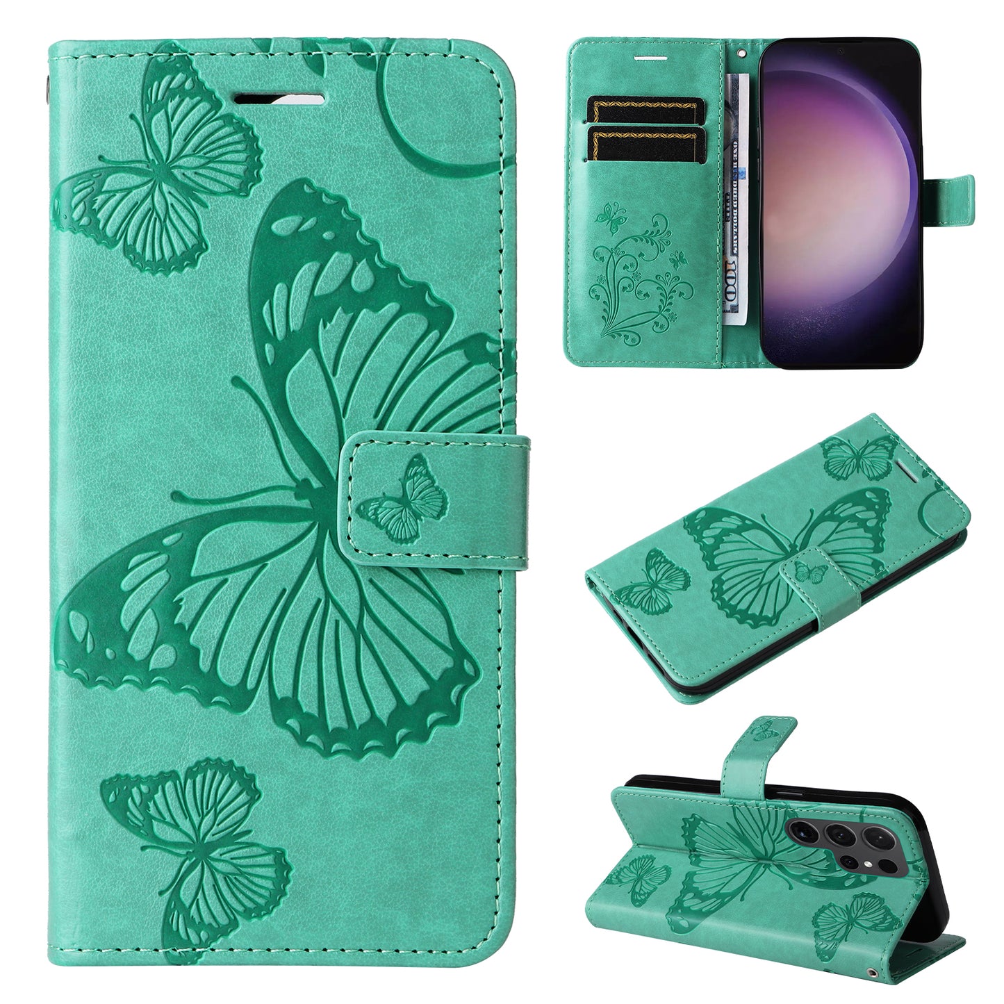 KT Imprinting Flower Series-2 For Samsung Galaxy S24 Ultra Case Butterfly Imprint Leather Phone Cover - Green