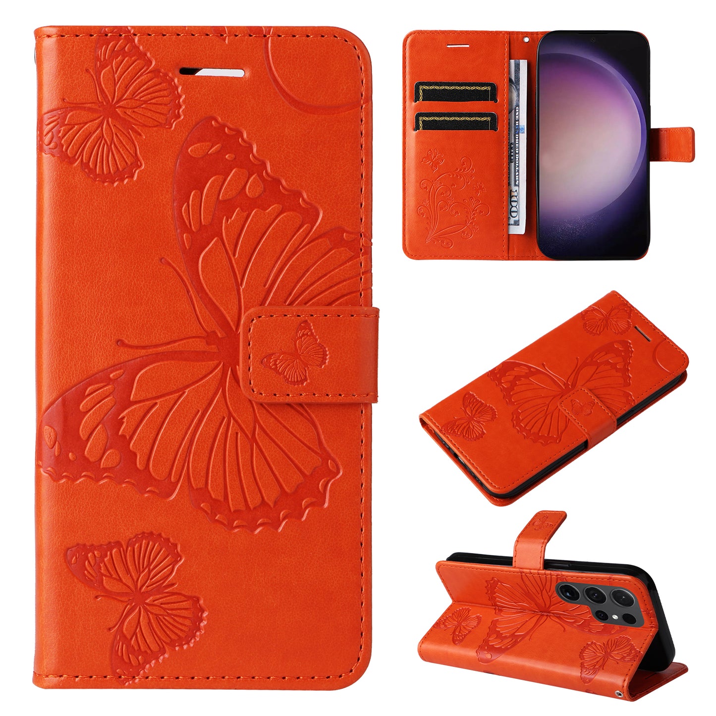 KT Imprinting Flower Series-2 For Samsung Galaxy S24 Ultra Case Butterfly Imprint Leather Phone Cover - Orange