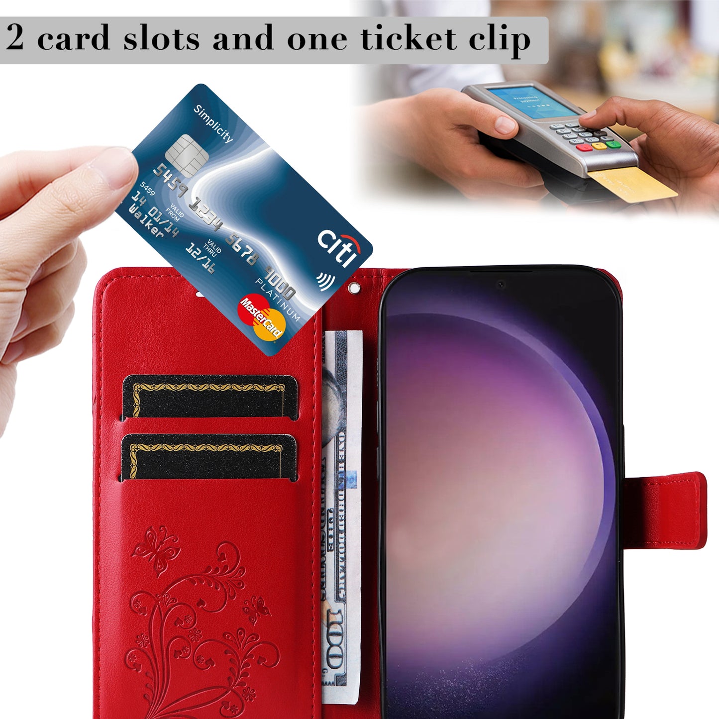 KT Imprinting Flower Series-2 For Samsung Galaxy S24 Ultra Case Butterfly Imprint Leather Phone Cover - Red