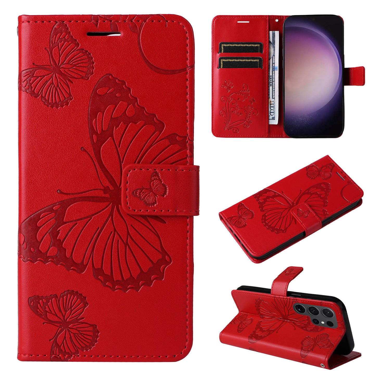 KT Imprinting Flower Series-2 For Samsung Galaxy S24 Ultra Case Butterfly Imprint Leather Phone Cover - Red