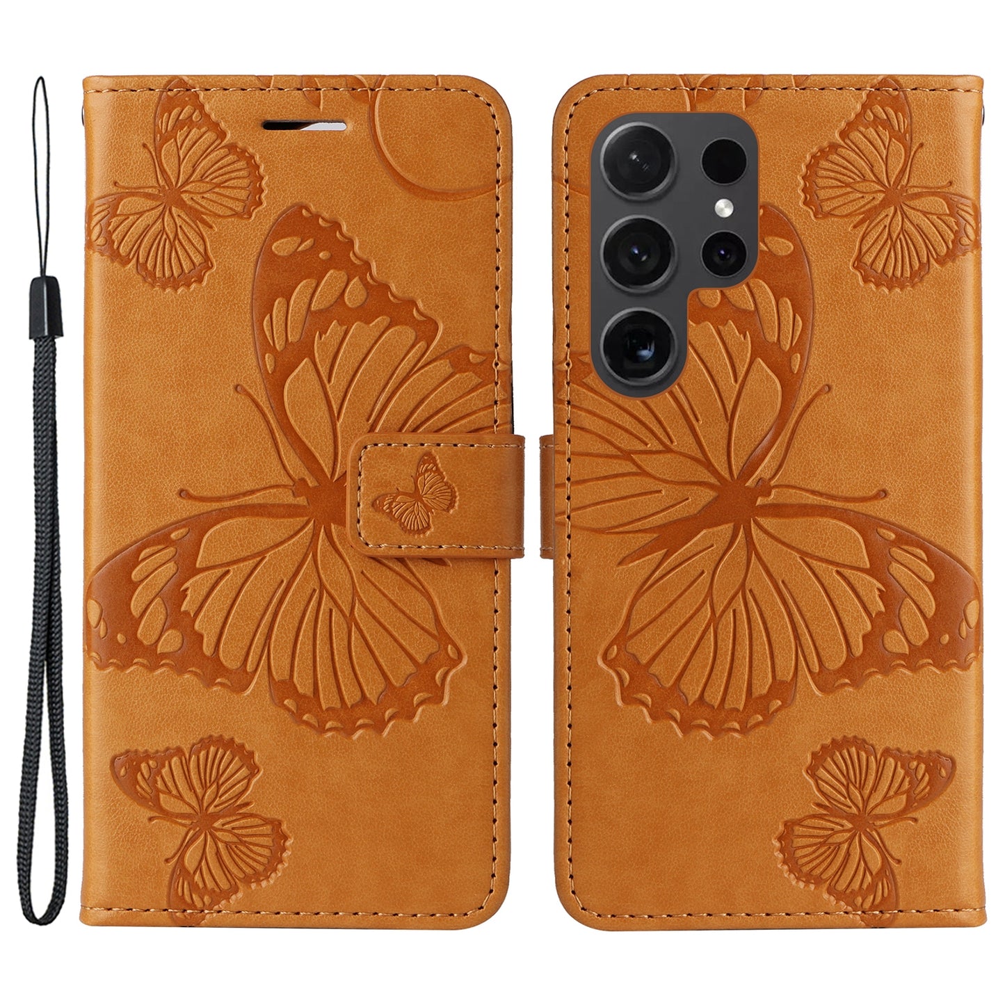 KT Imprinting Flower Series-2 For Samsung Galaxy S24 Ultra Case Butterfly Imprint Leather Phone Cover - Yellow