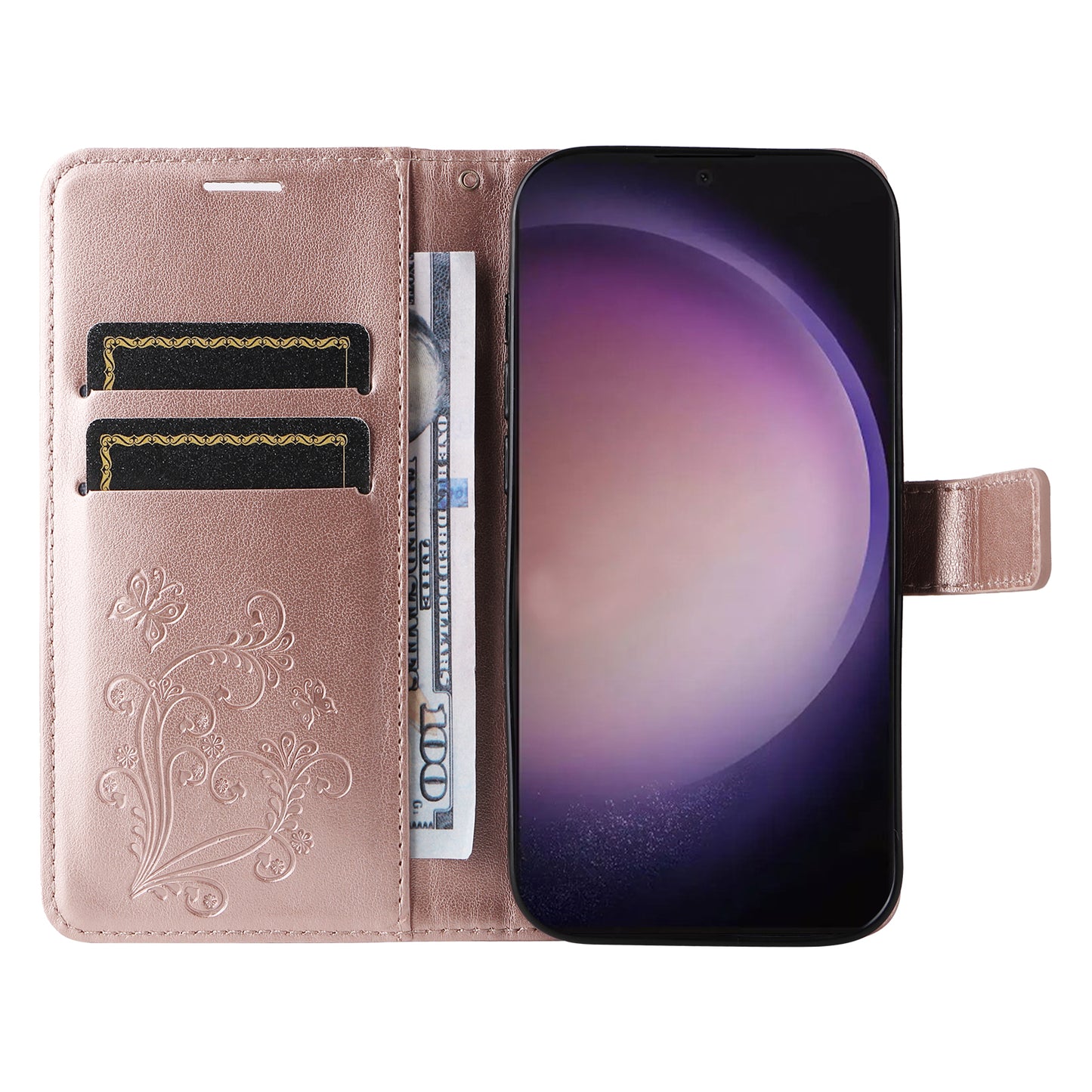 KT Imprinting Flower Series-2 For Samsung Galaxy S24 Ultra Case Butterfly Imprint Leather Phone Cover - Rose Gold