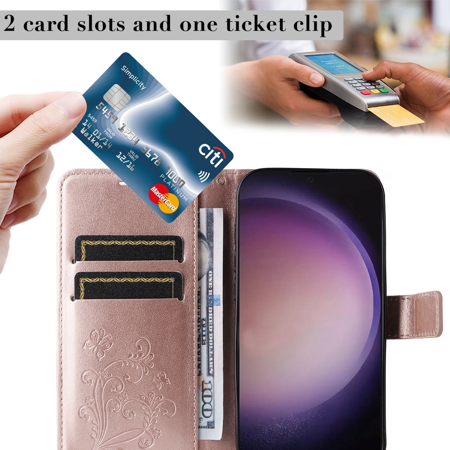 KT Imprinting Flower Series-2 For Samsung Galaxy S24 Ultra Case Butterfly Imprint Leather Phone Cover - Rose Gold