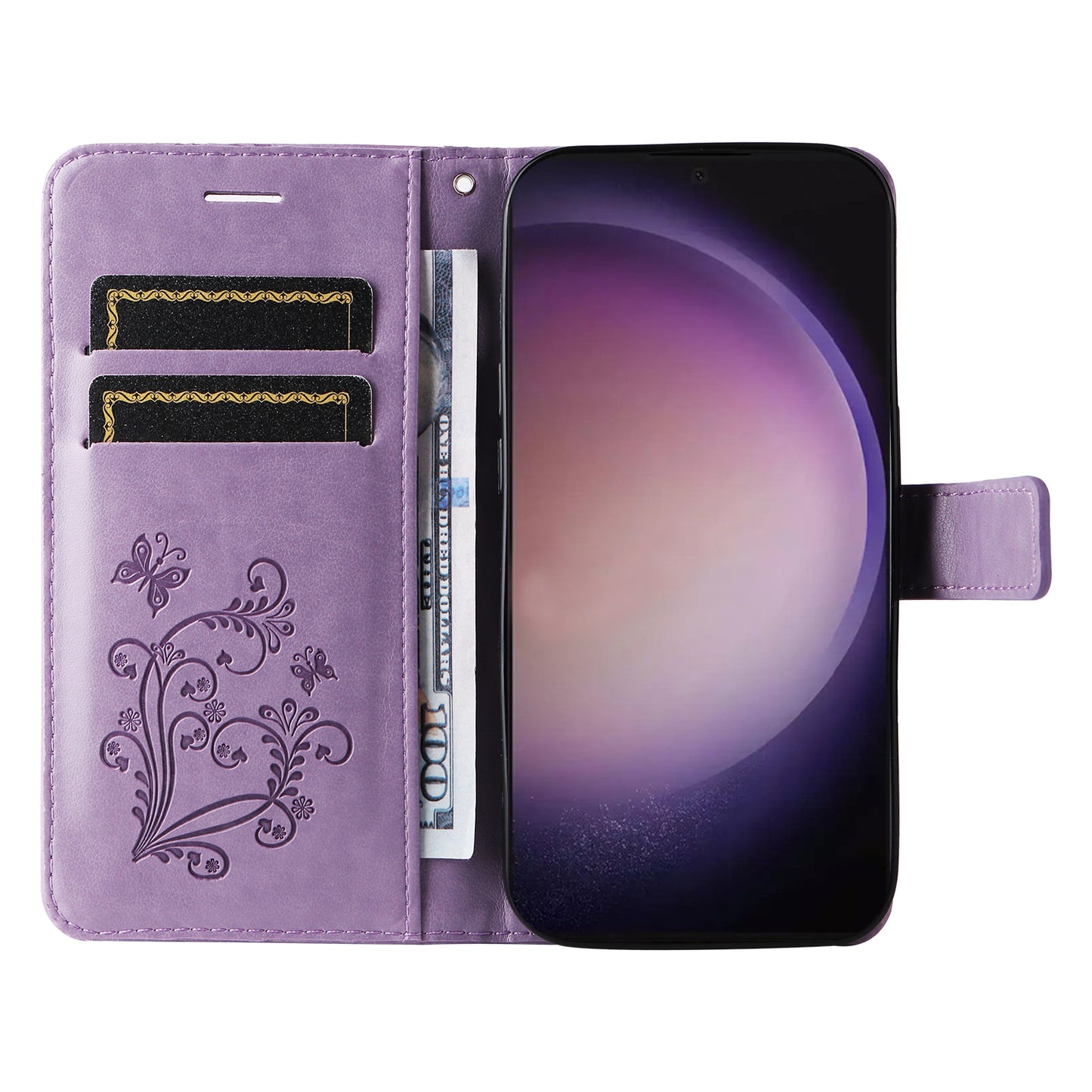 KT Imprinting Flower Series-2 For Samsung Galaxy S24 Ultra Case Butterfly Imprint Leather Phone Cover - Purple