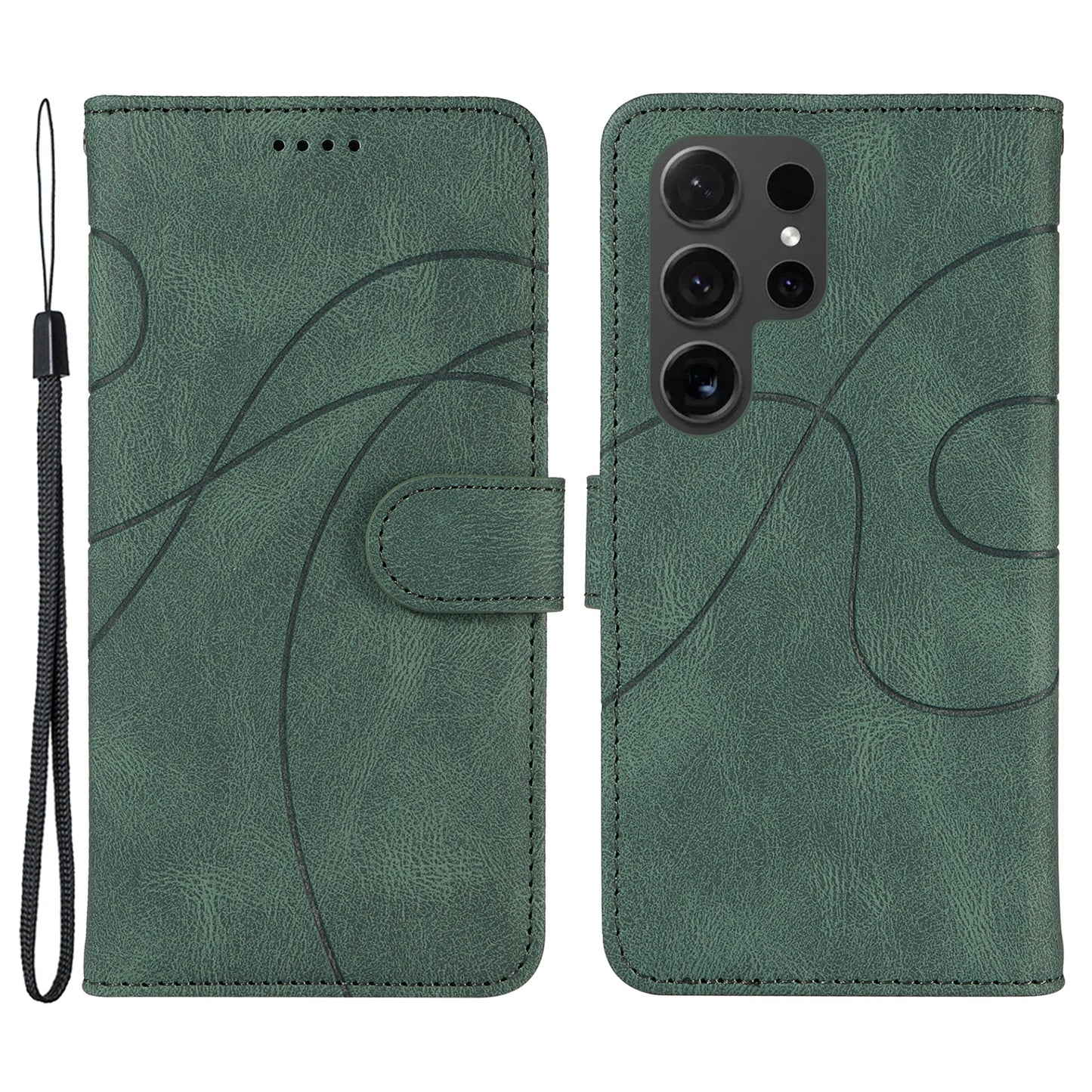For Samsung Galaxy S24 Ultra Case PU Leather Imprinted Line Protective Phone Cover - Green