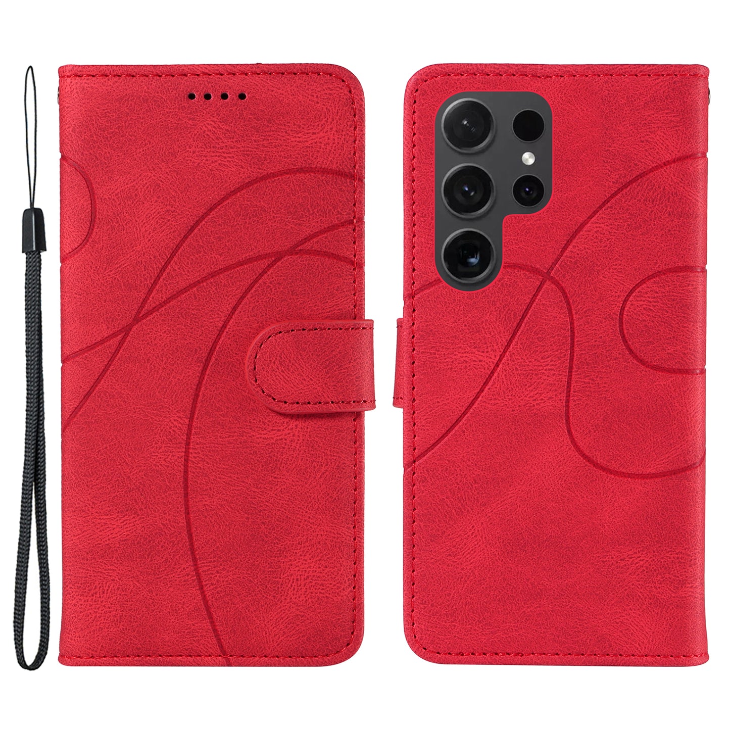 For Samsung Galaxy S24 Ultra Case PU Leather Imprinted Line Protective Phone Cover - Red