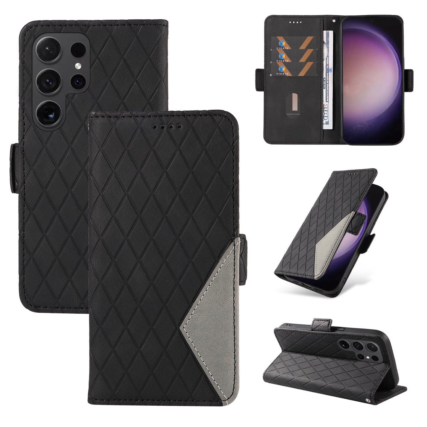 For Samsung Galaxy S24 Ultra Case Rhombus Imprinted Protective Leather Phone Cover - Black