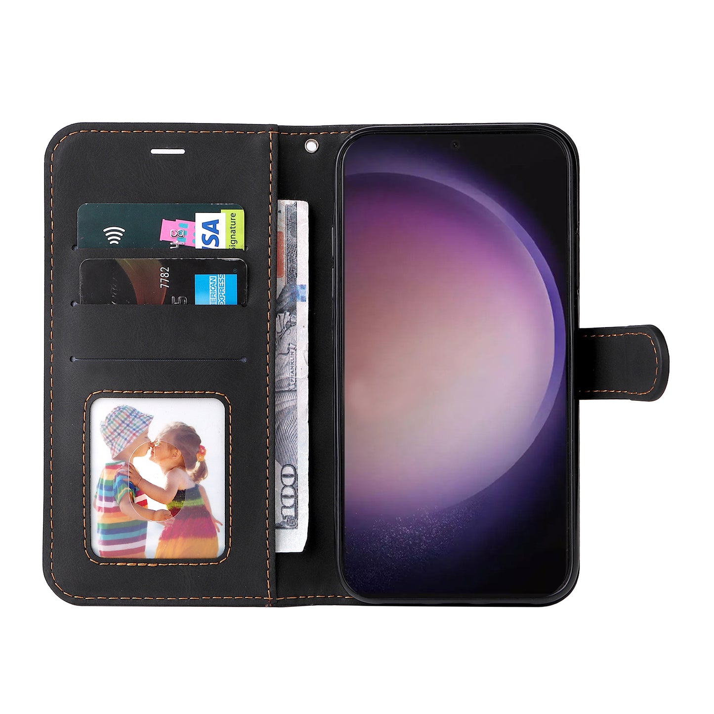 For Samsung Galaxy S24 Ultra Case Three-color Splicing Anti-Drop Wallet Phone Cover with Strap - Black