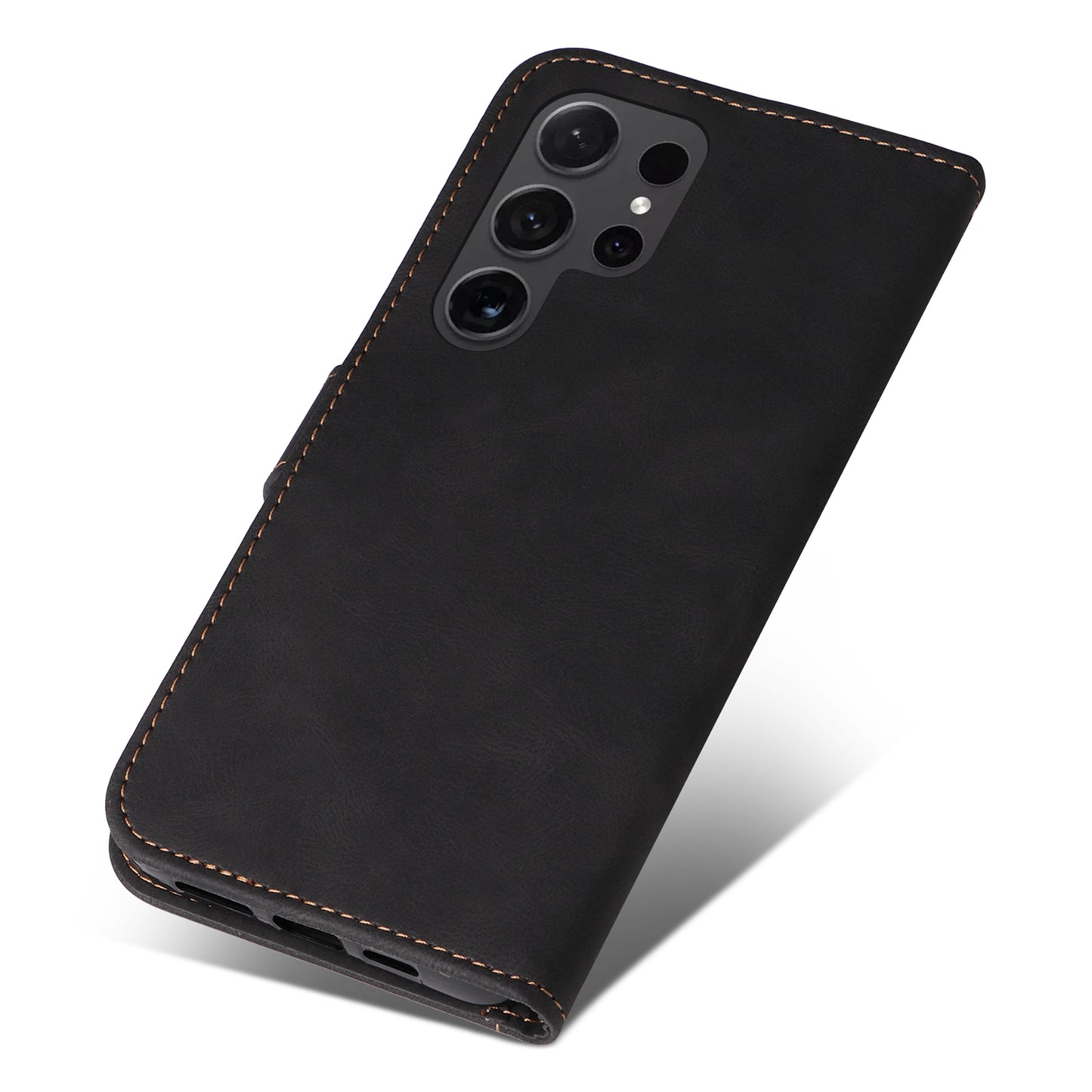 For Samsung Galaxy S24 Ultra Case Three-color Splicing Anti-Drop Wallet Phone Cover with Strap - Black