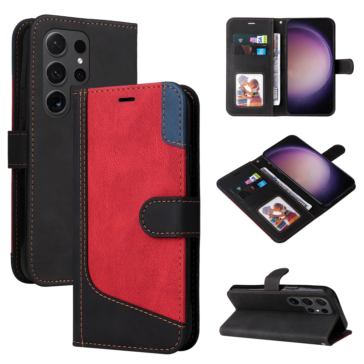 For Samsung Galaxy S24 Ultra Case Three-color Splicing Anti-Drop Wallet Phone Cover with Strap - Black