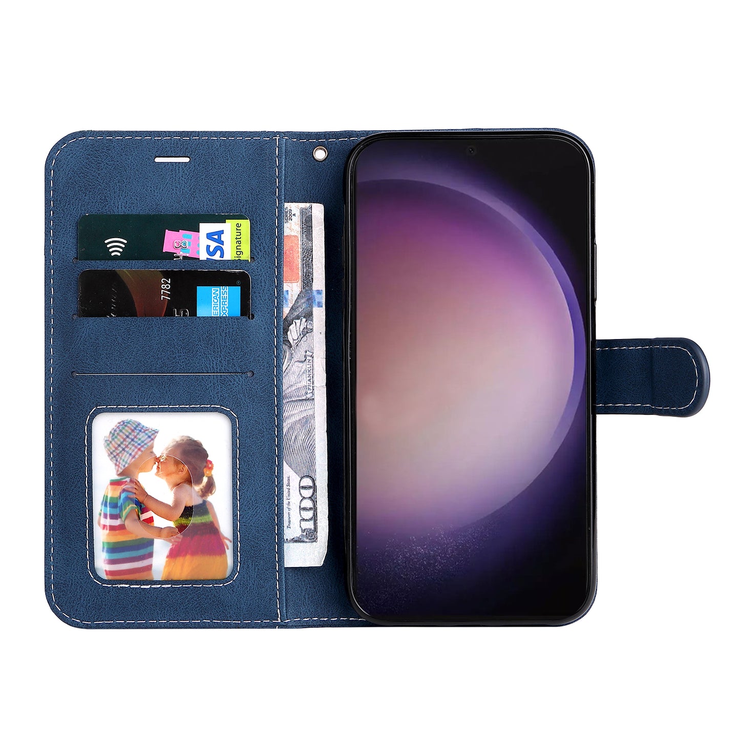 For Samsung Galaxy S24 Ultra Case Three-color Splicing Anti-Drop Wallet Phone Cover with Strap - Blue