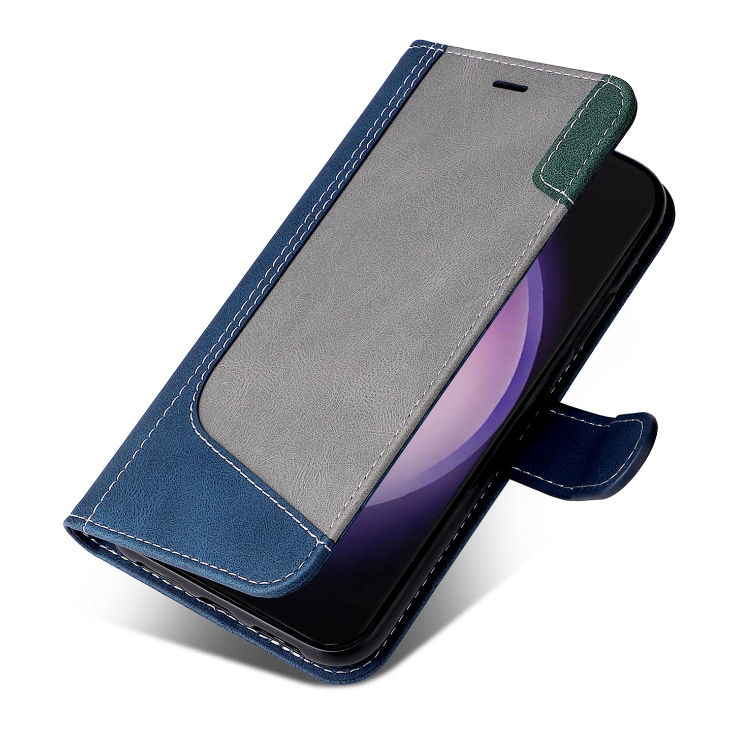 For Samsung Galaxy S24 Ultra Case Three-color Splicing Anti-Drop Wallet Phone Cover with Strap - Blue