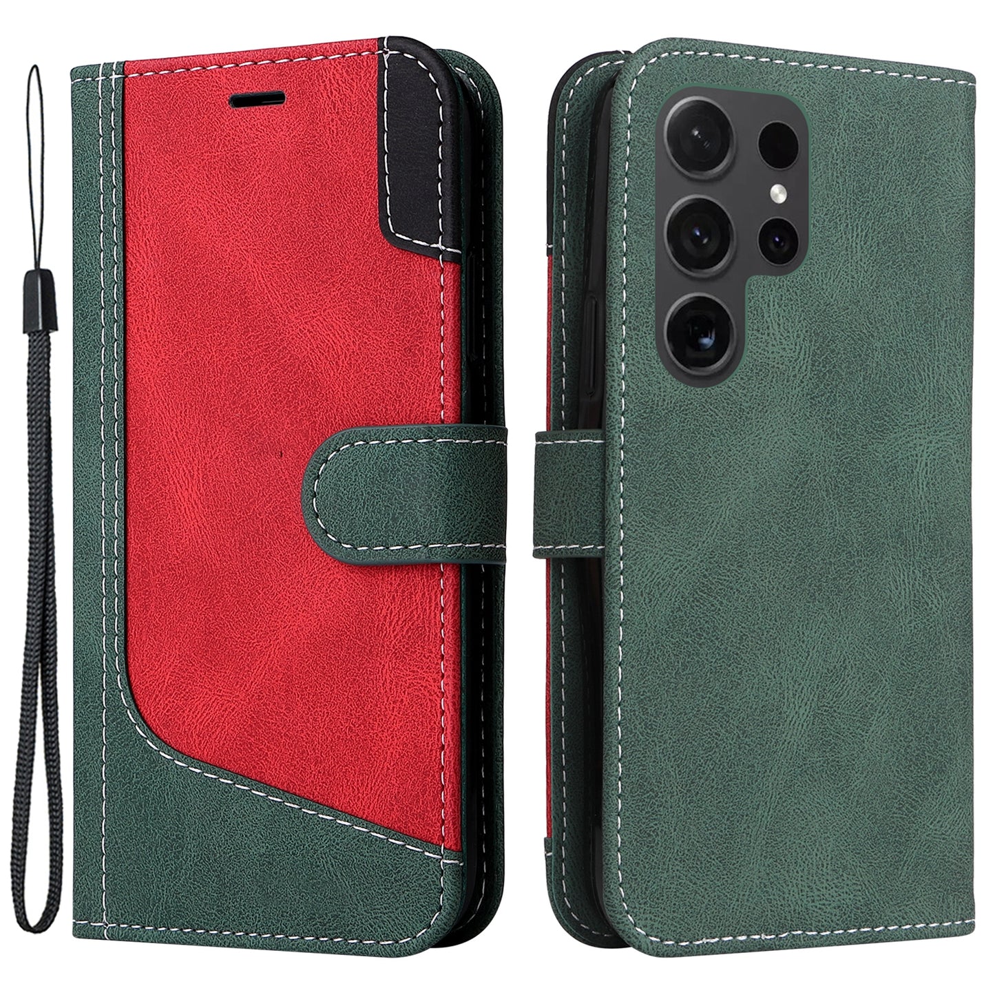 For Samsung Galaxy S24 Ultra Case Three-color Splicing Anti-Drop Wallet Phone Cover with Strap - Green