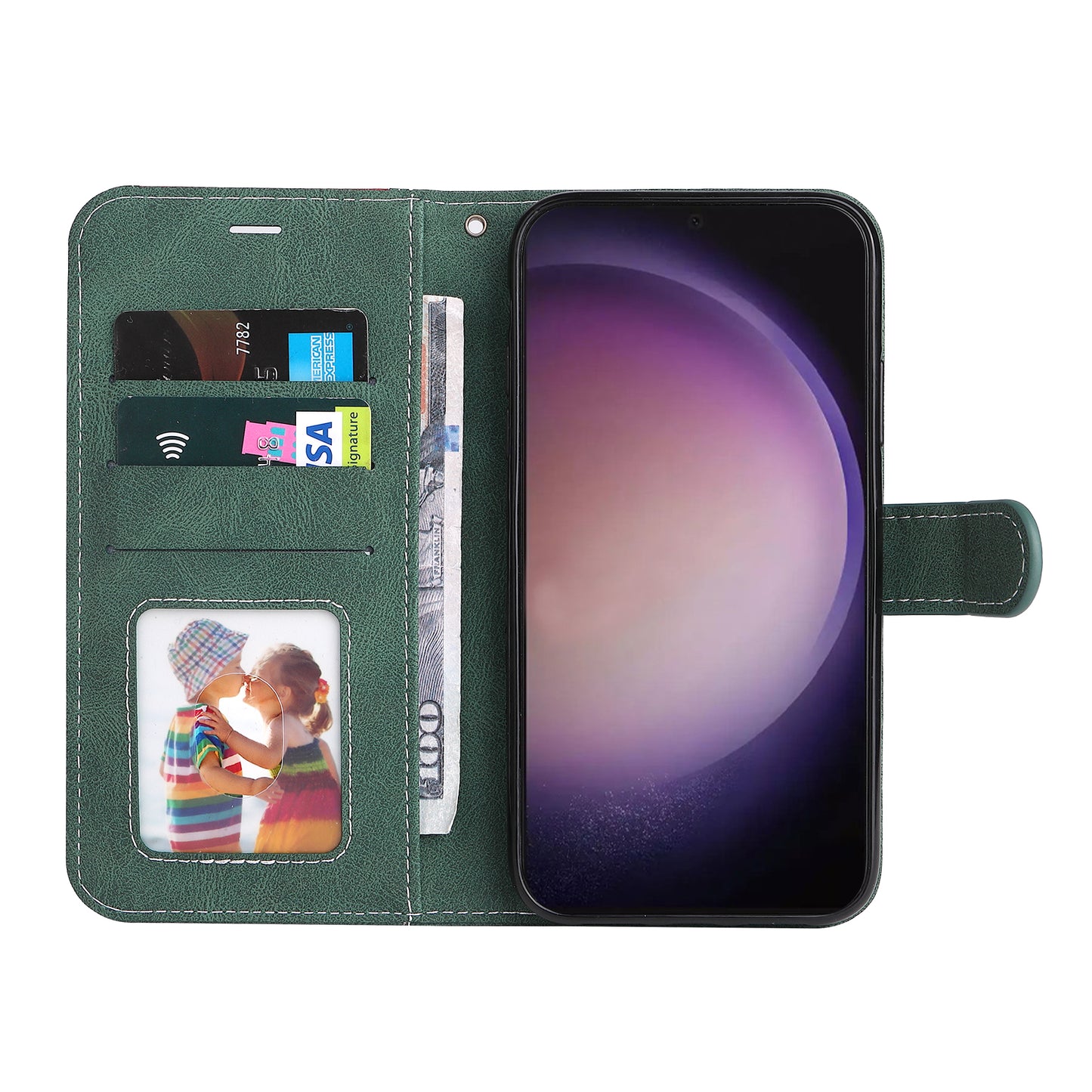 For Samsung Galaxy S24 Ultra Case Three-color Splicing Anti-Drop Wallet Phone Cover with Strap - Green
