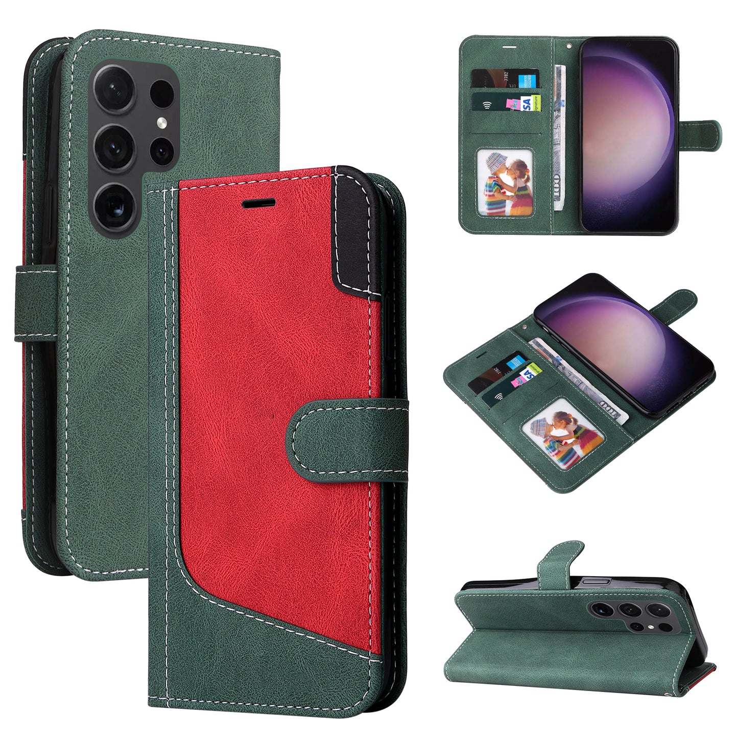For Samsung Galaxy S24 Ultra Case Three-color Splicing Anti-Drop Wallet Phone Cover with Strap - Green