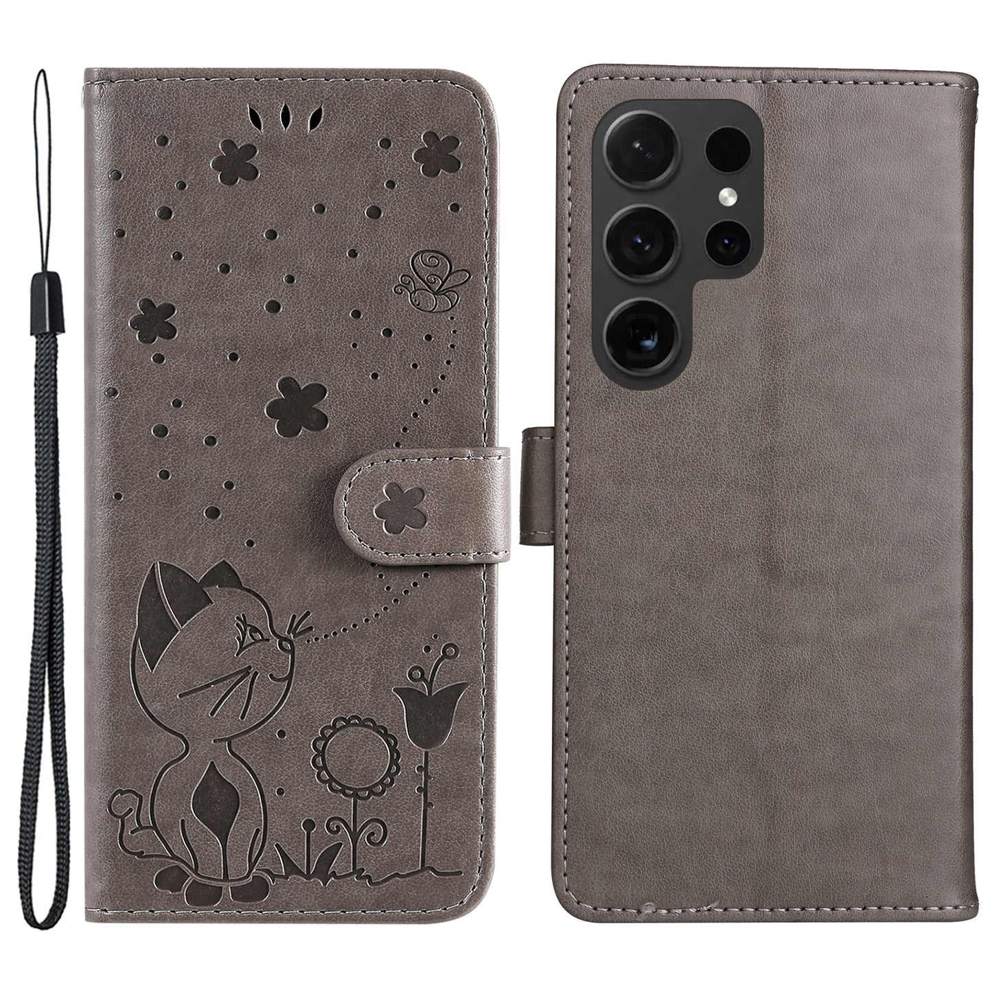 For Samsung Galaxy S24 Ultra Case KT Imprinting Flower Series-4 Cat Imprinted Shockproof Phone Cover - Grey