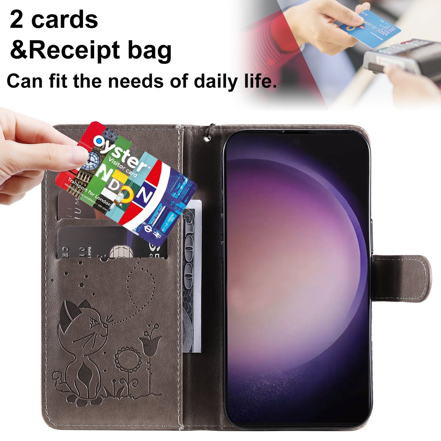 For Samsung Galaxy S24 Ultra Case KT Imprinting Flower Series-4 Cat Imprinted Shockproof Phone Cover - Grey