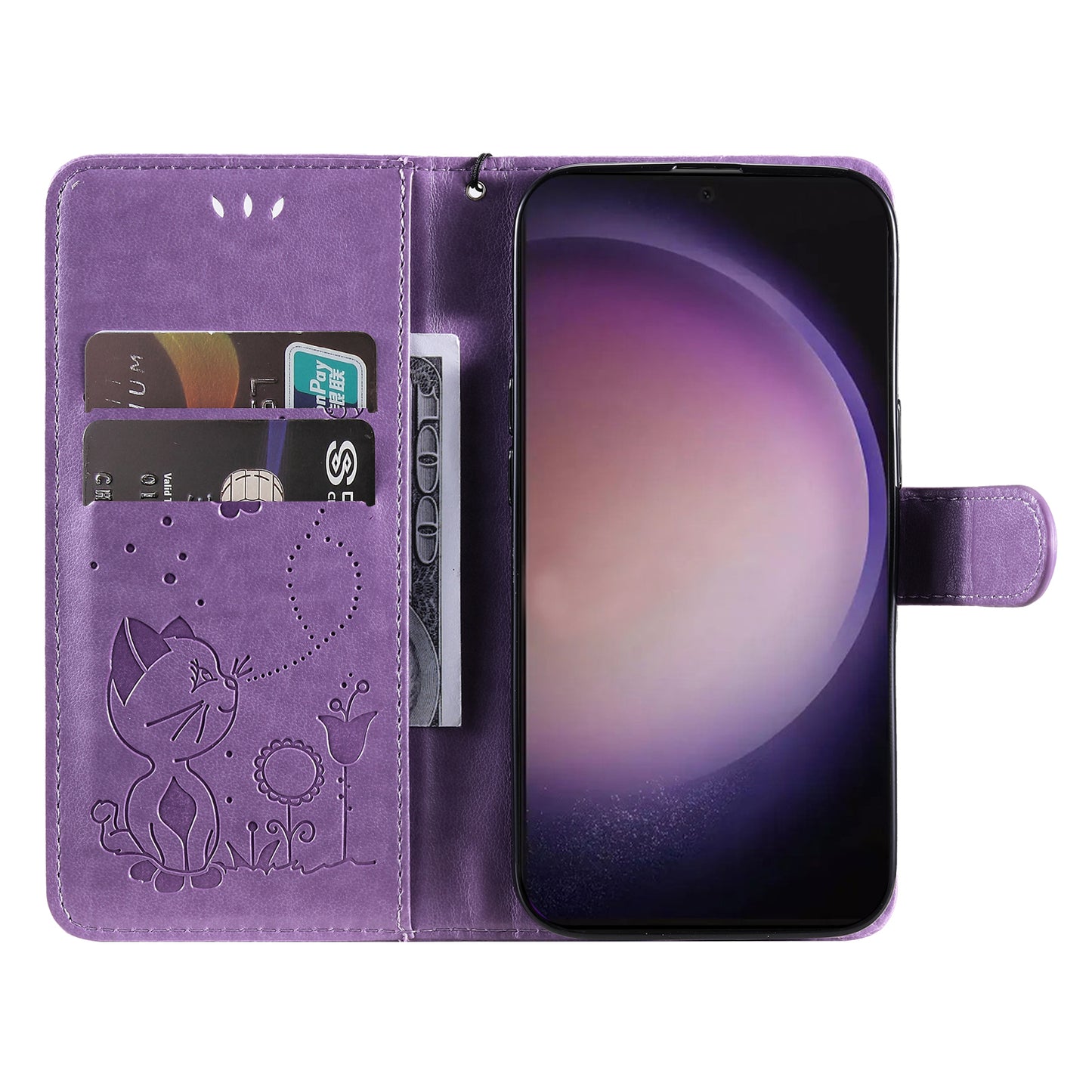 For Samsung Galaxy S24 Ultra Case KT Imprinting Flower Series-4 Cat Imprinted Shockproof Phone Cover - Purple