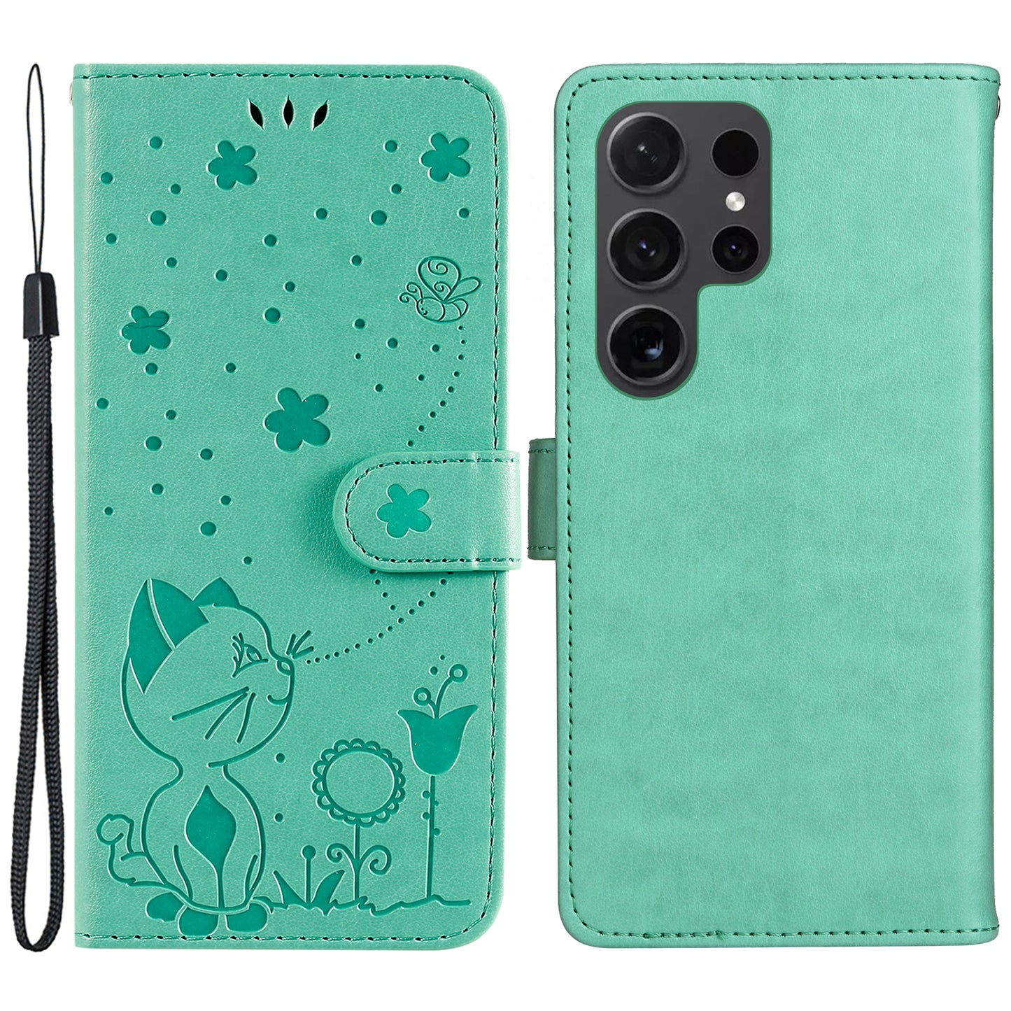 For Samsung Galaxy S24 Ultra Case KT Imprinting Flower Series-4 Cat Imprinted Shockproof Phone Cover - Green