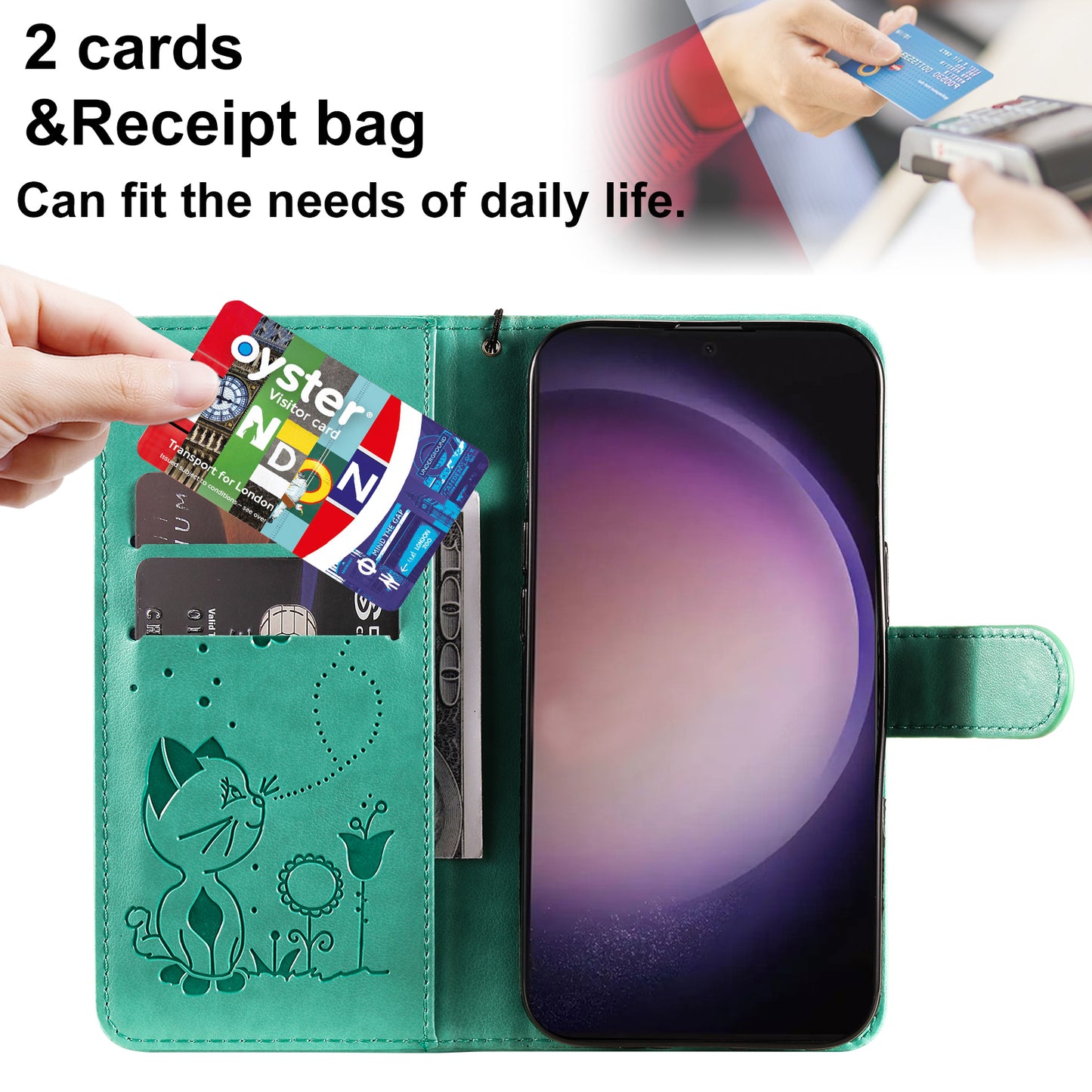 For Samsung Galaxy S24 Ultra Case KT Imprinting Flower Series-4 Cat Imprinted Shockproof Phone Cover - Green