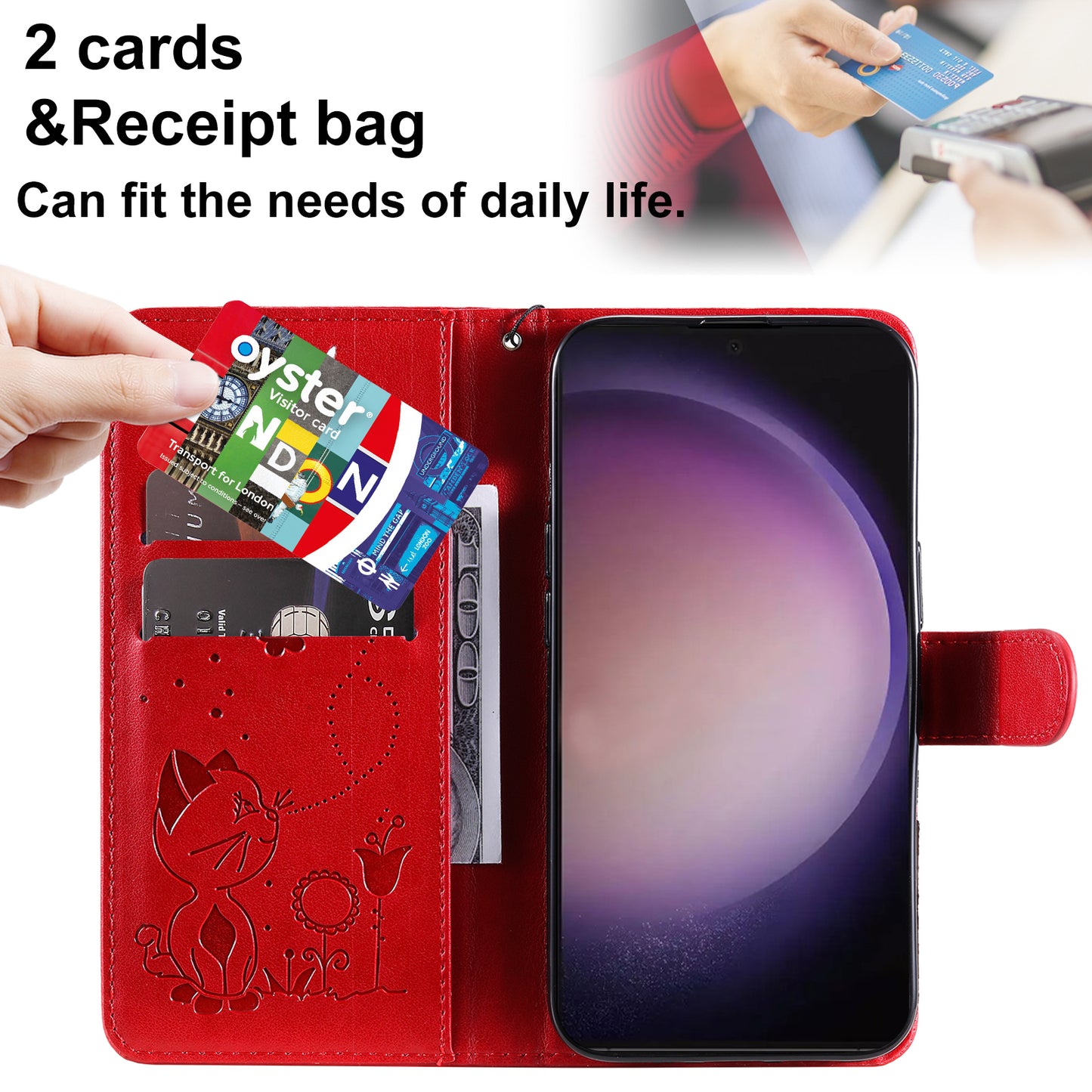 For Samsung Galaxy S24 Ultra Case KT Imprinting Flower Series-4 Cat Imprinted Shockproof Phone Cover - Red