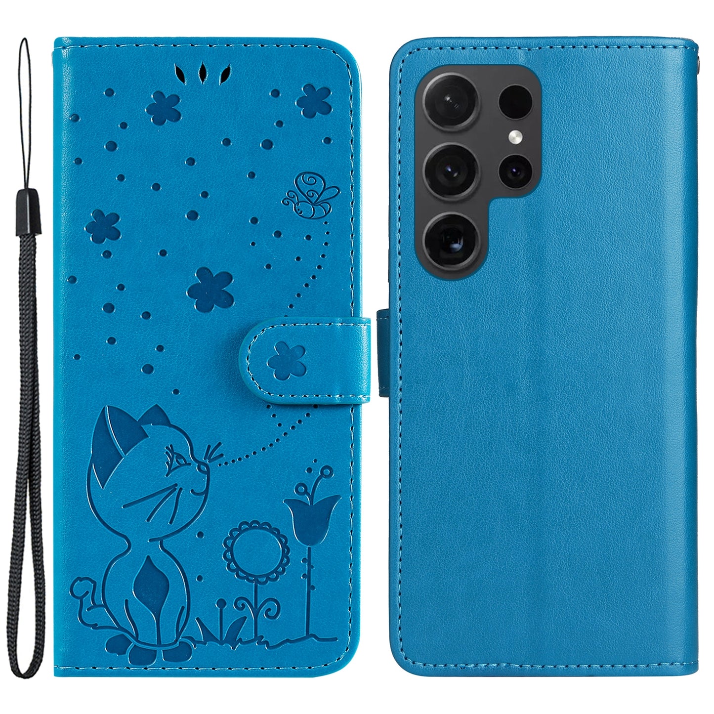 For Samsung Galaxy S24 Ultra Case KT Imprinting Flower Series-4 Cat Imprinted Shockproof Phone Cover - Blue
