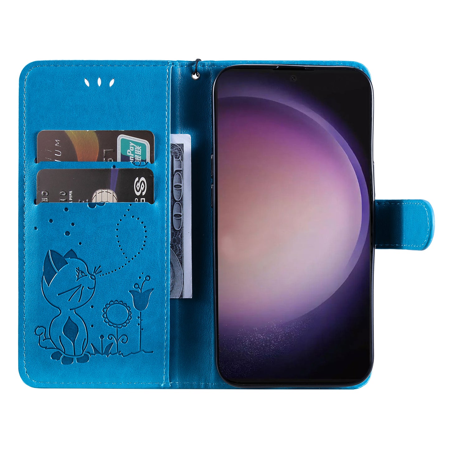 For Samsung Galaxy S24 Ultra Case KT Imprinting Flower Series-4 Cat Imprinted Shockproof Phone Cover - Blue