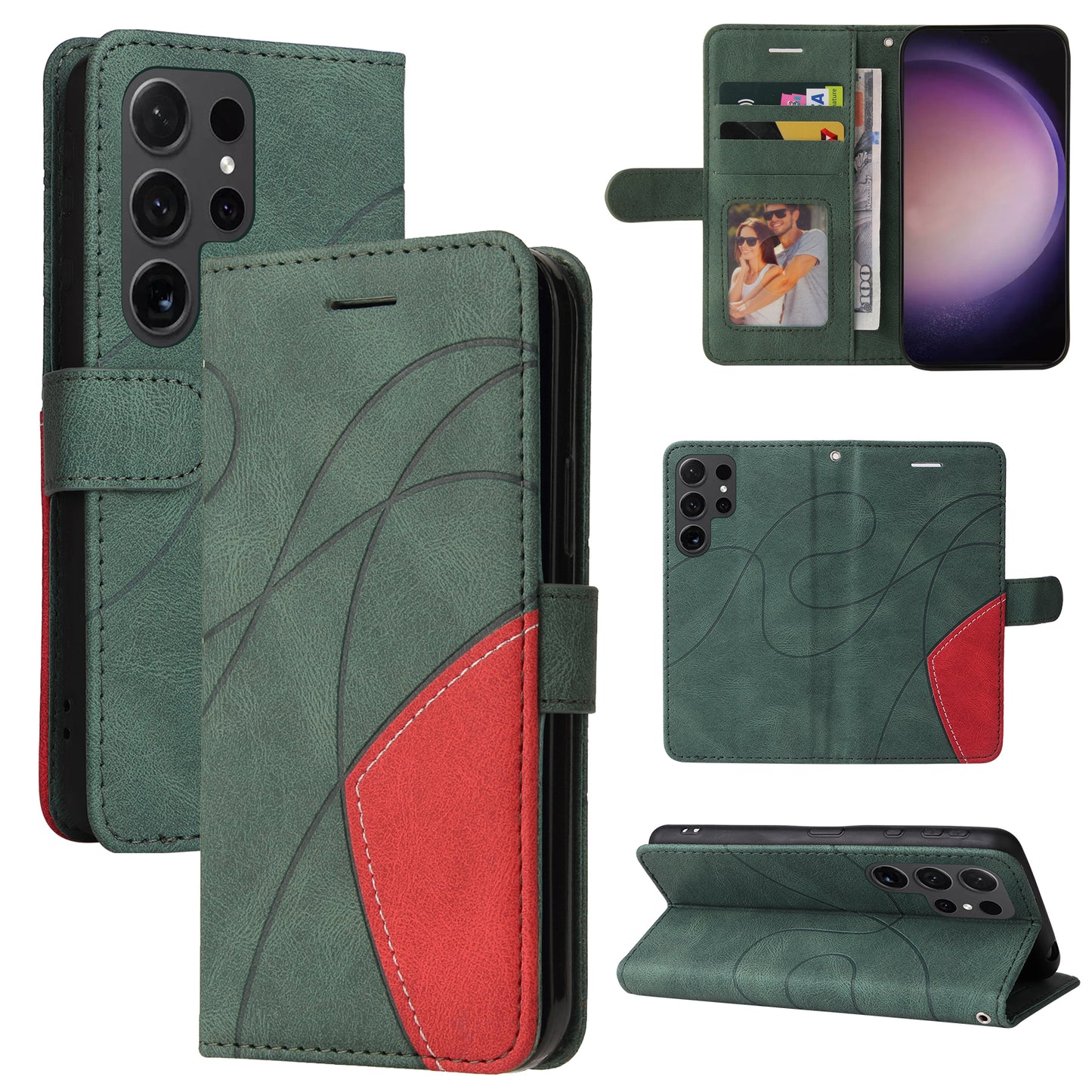 KT Leather Series-1 Wallet Phone Case for Samsung Galaxy S24 Ultra Case Splicing PU Leather Phone Cover - Green