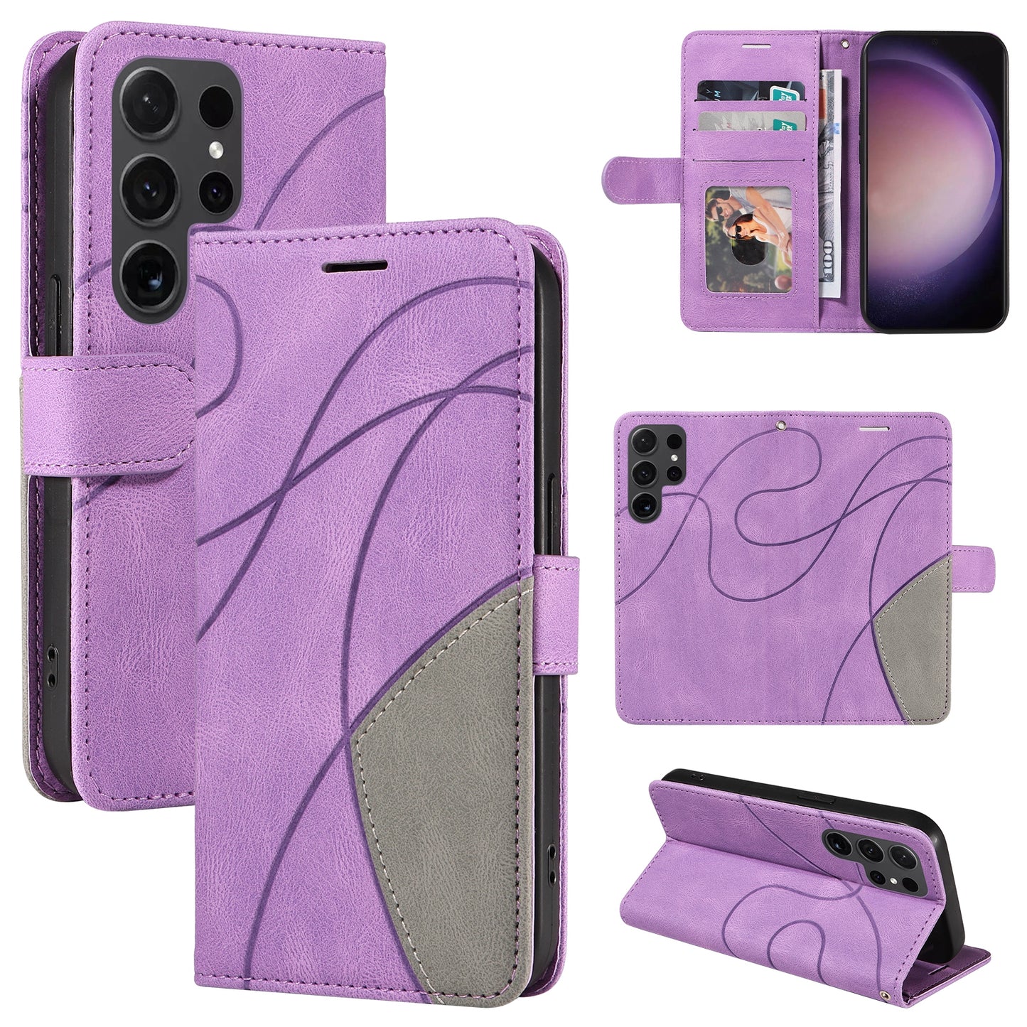 KT Leather Series-1 Wallet Phone Case for Samsung Galaxy S24 Ultra Case Splicing PU Leather Phone Cover - Light Purple