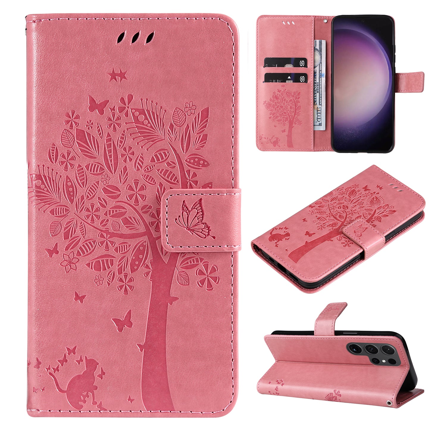 For Samsung Galaxy S24 Ultra Case KT Imprinting Flower Series-3 Shockproof Wallet Phone Shell - Pink