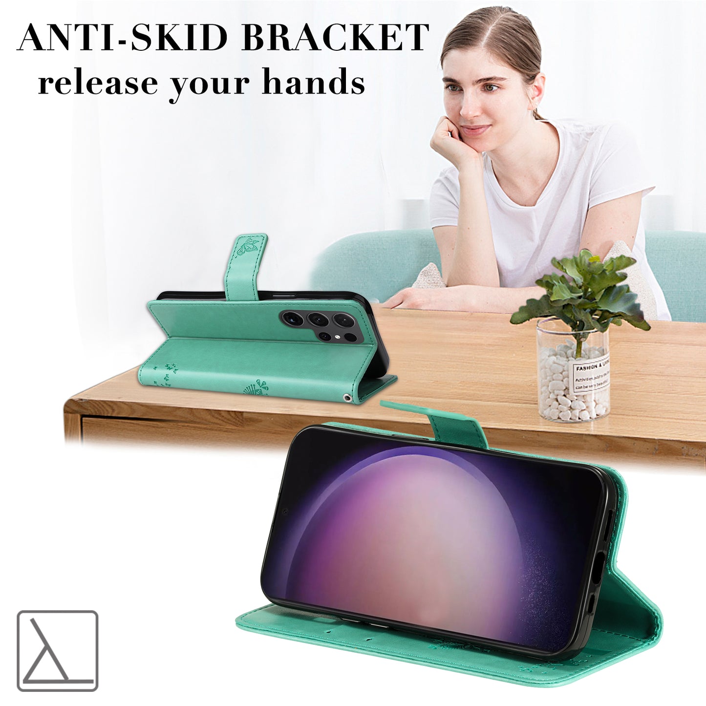 For Samsung Galaxy S24 Ultra Case KT Imprinting Flower Series-3 Shockproof Wallet Phone Shell - Green