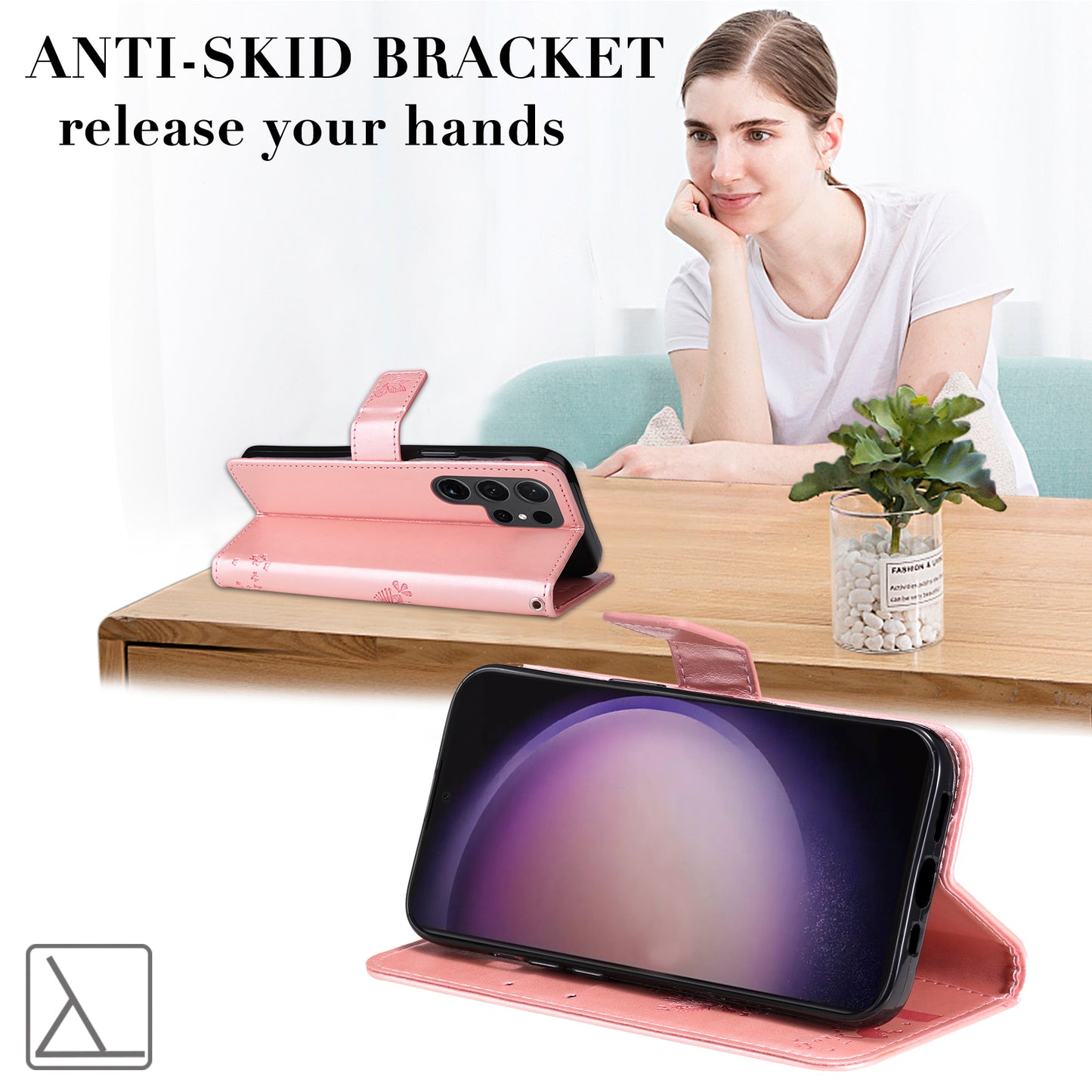 For Samsung Galaxy S24 Ultra Case KT Imprinting Flower Series-3 Shockproof Wallet Phone Shell - Rose Gold