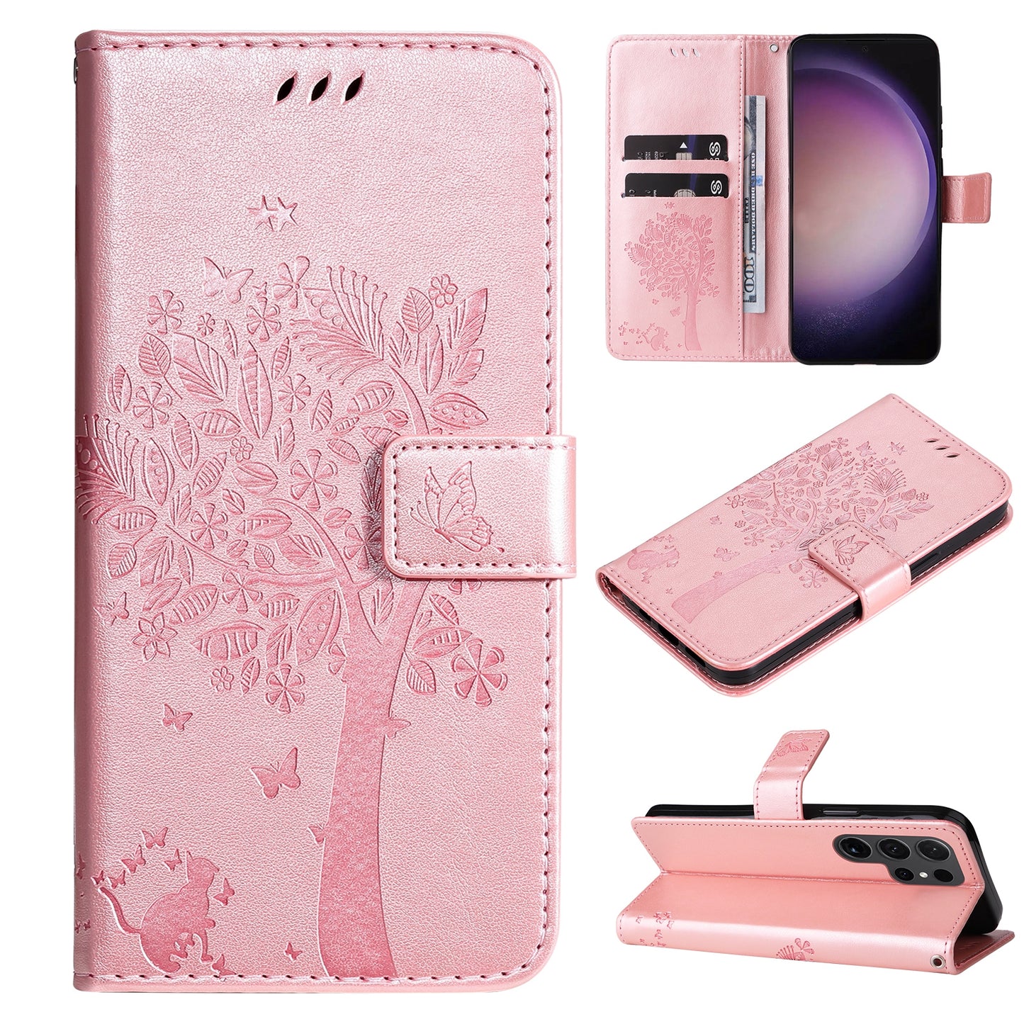 For Samsung Galaxy S24 Ultra Case KT Imprinting Flower Series-3 Shockproof Wallet Phone Shell - Rose Gold