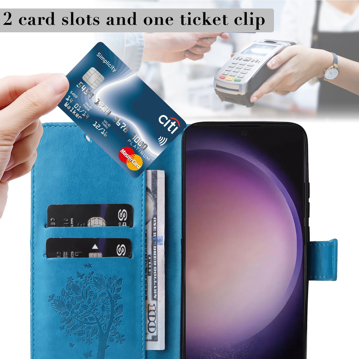 For Samsung Galaxy S24 Ultra Case KT Imprinting Flower Series-3 Shockproof Wallet Phone Shell - Blue